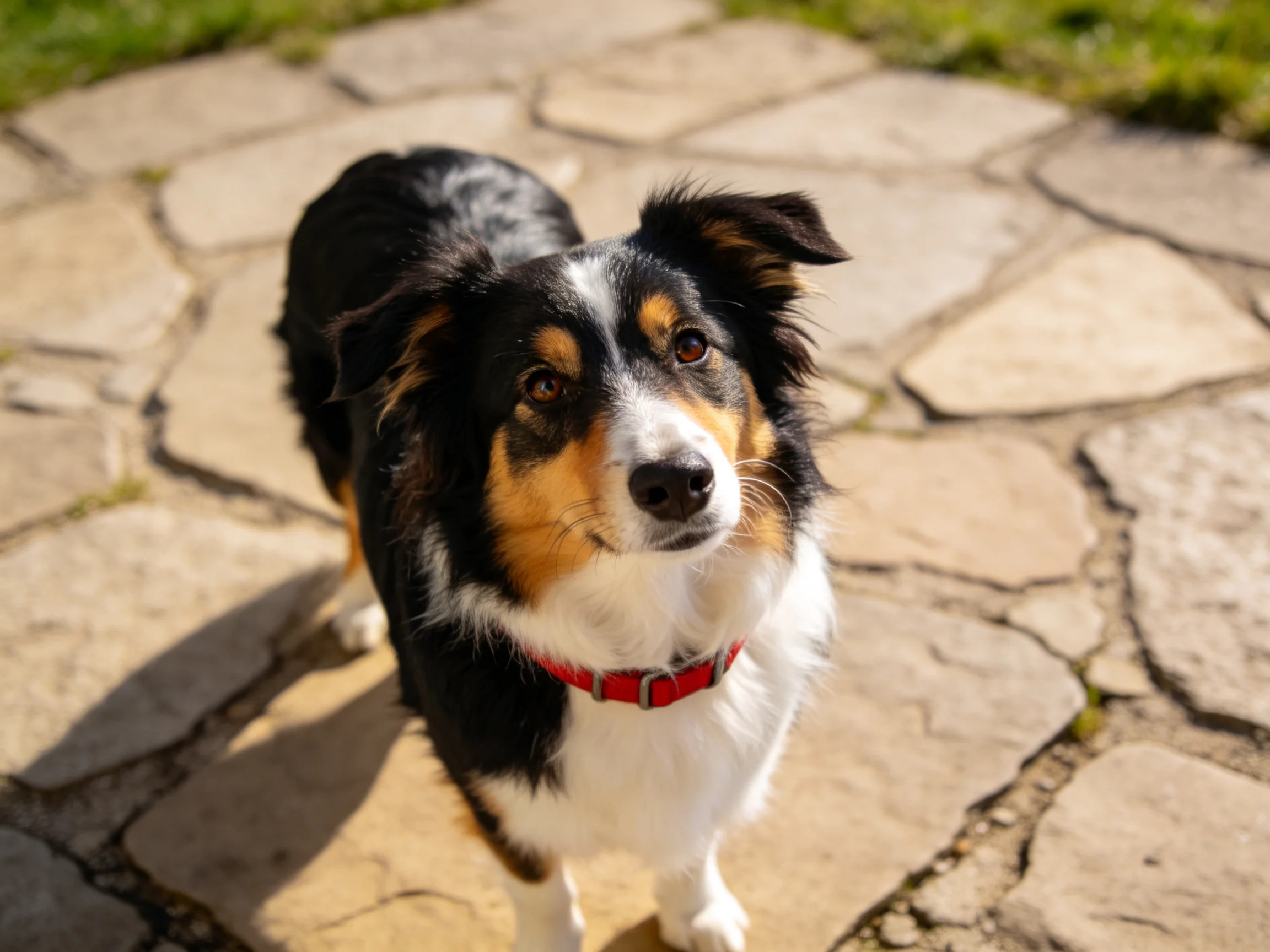 A tricolor dog with a red collar stands on a stone-paved outdoor area.
