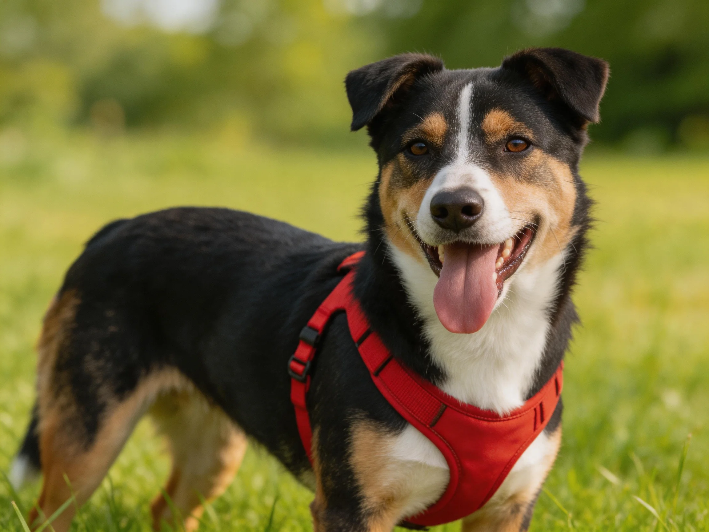 A tricolor dog with a red harness stands on lush green grass