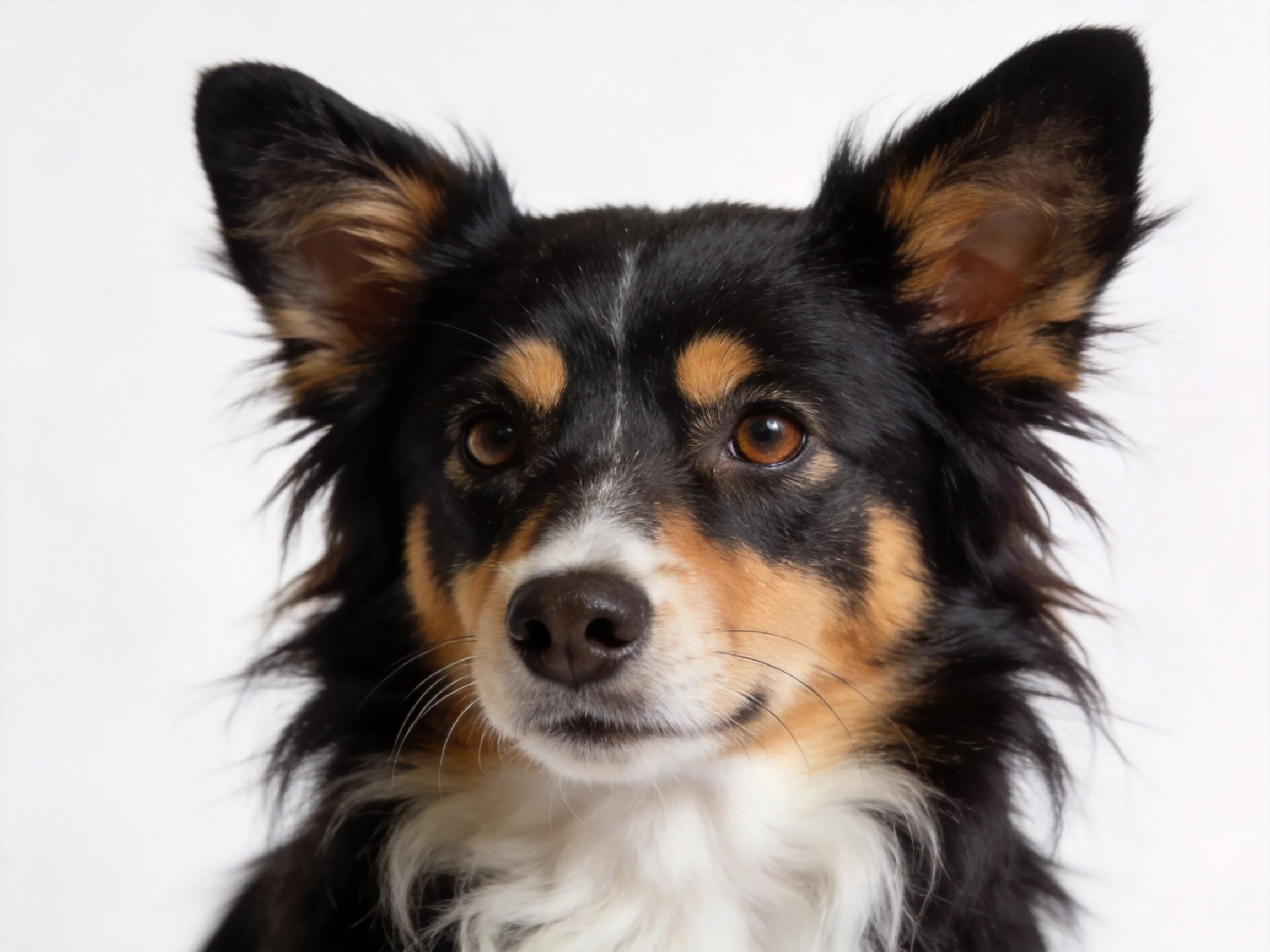 A tricolor dog with black, tan, and white fur gazes attentively against a plain backdrop.