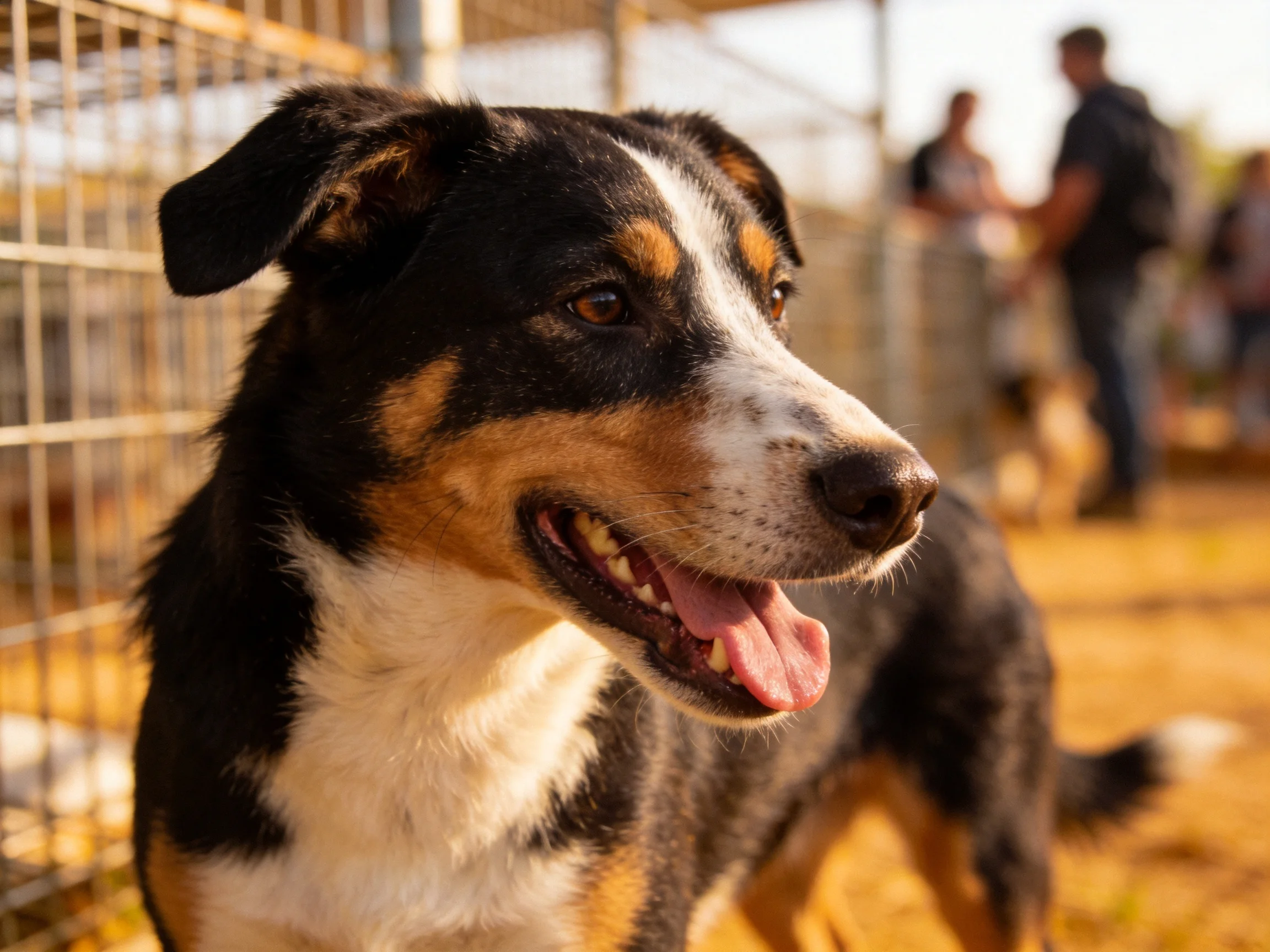 A tricolor dog stands near to a metal fence with people in the background