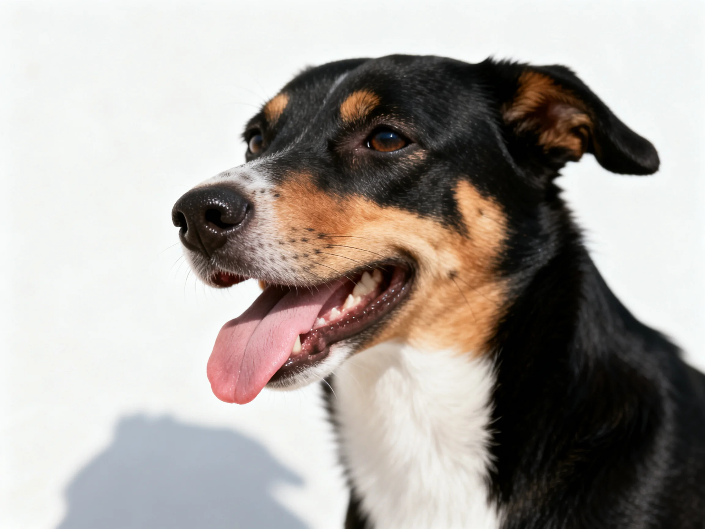 A tricolor dog with black, tan, and white fur pants happily against a plain white backdrop.