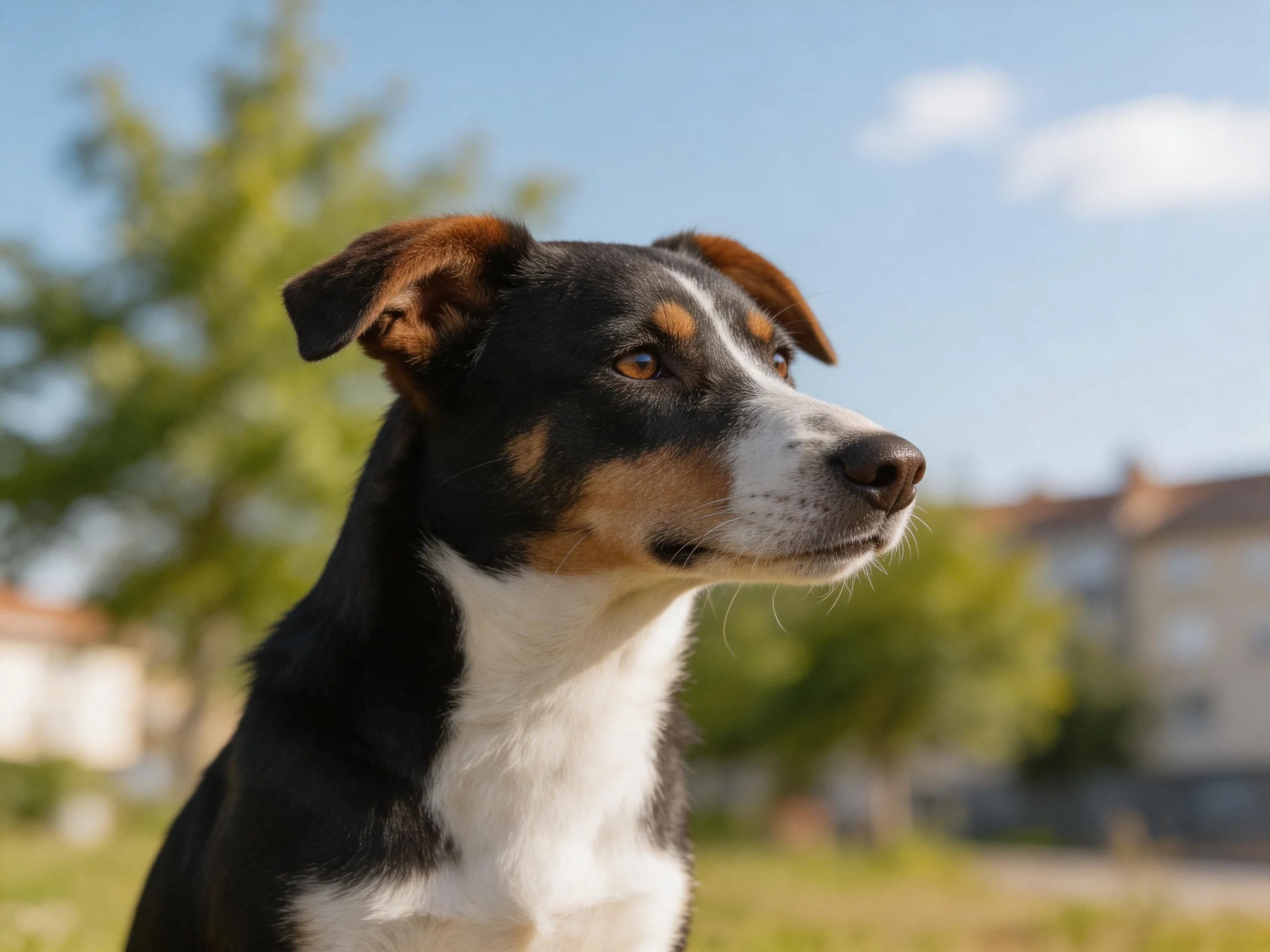 A tricolor dog gazes attentively in an outdoor setting with trees and buildings.