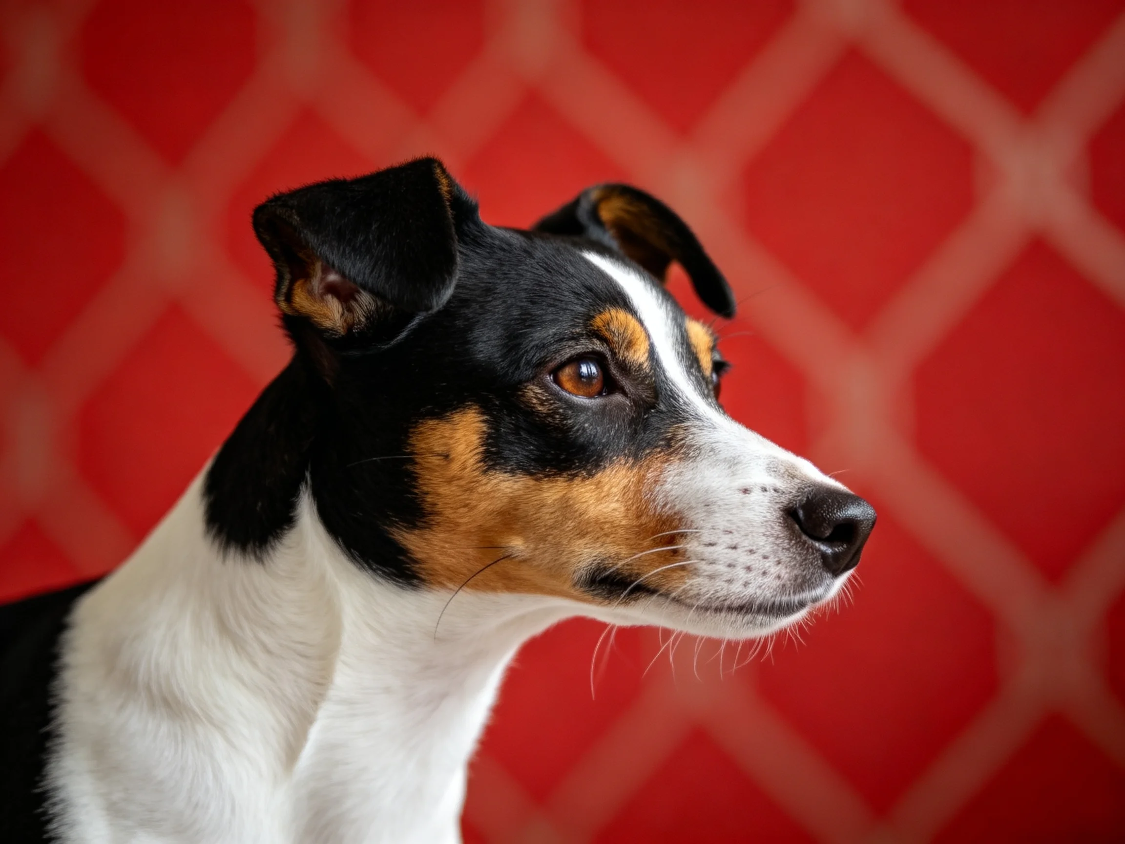 A tricolor dog with black, white, and tan fur stands before a red diamond-patterned wall.