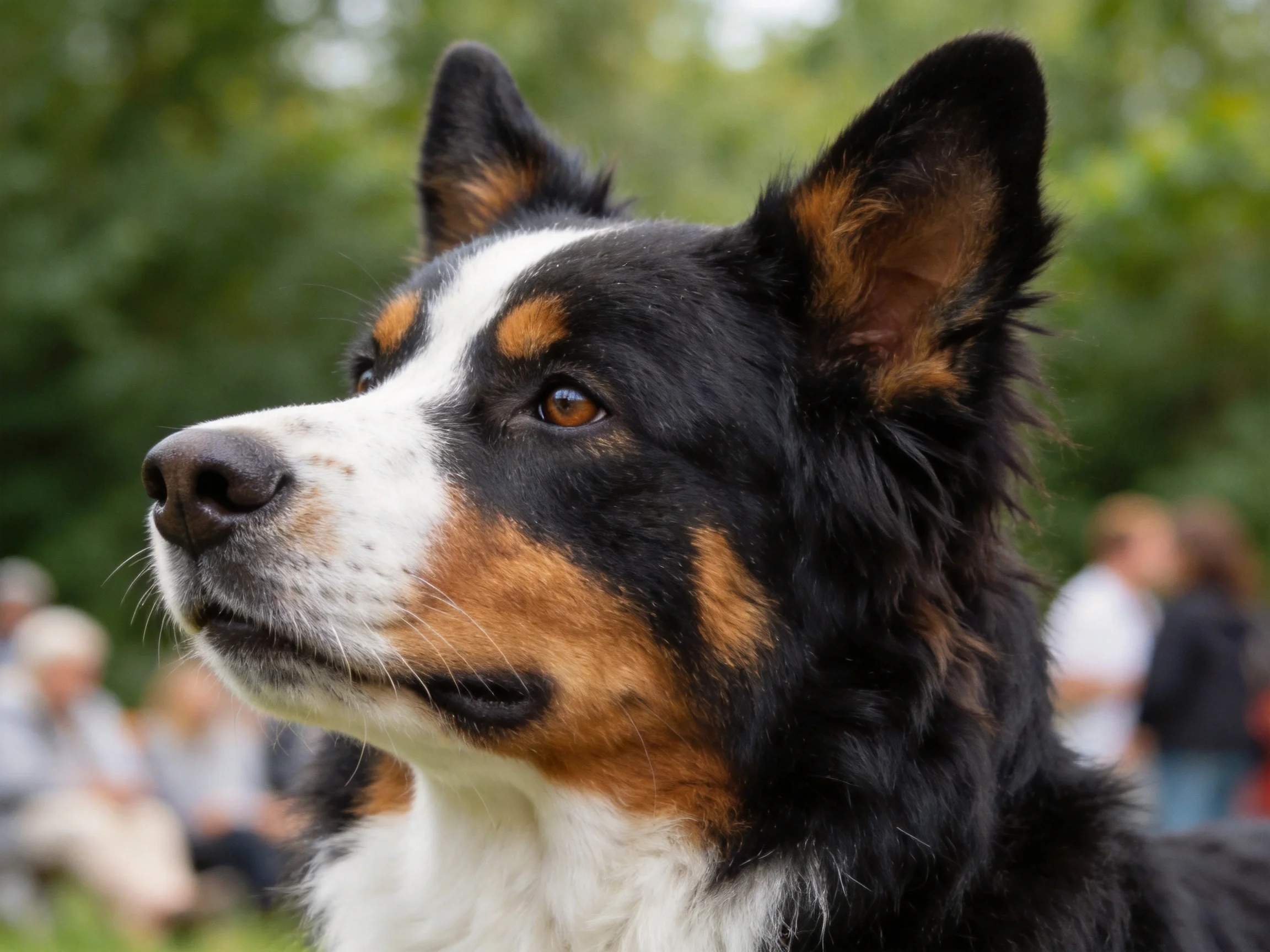 A close - up of a tricolor dog appears attentive in an outdoor area.