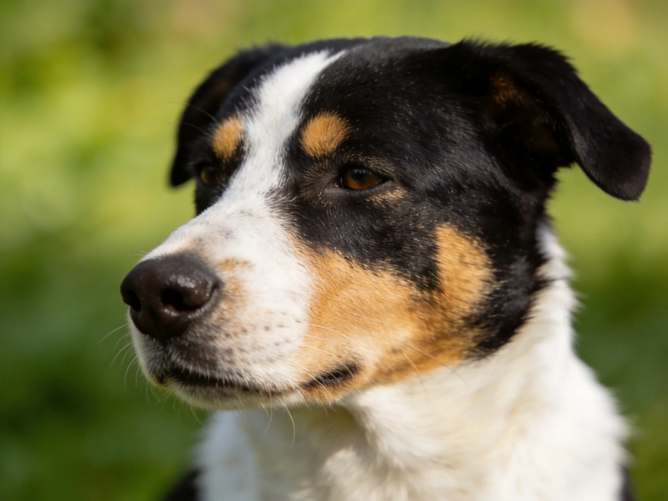 A tricolor dog gazes calmly amid a blurred green outdoor setting.