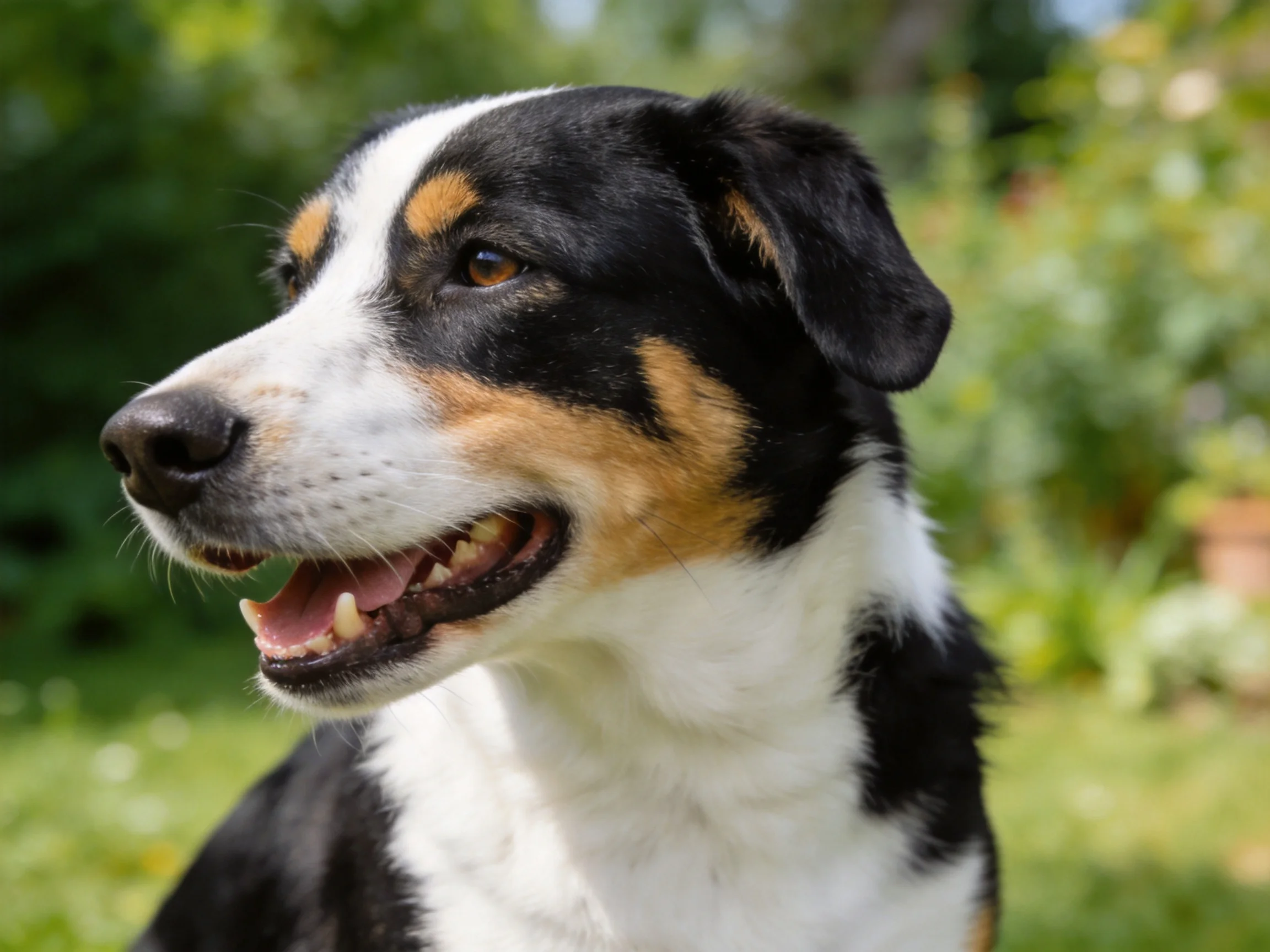 A tricolor dog with black, white, and tan markings is pictured outdoors.