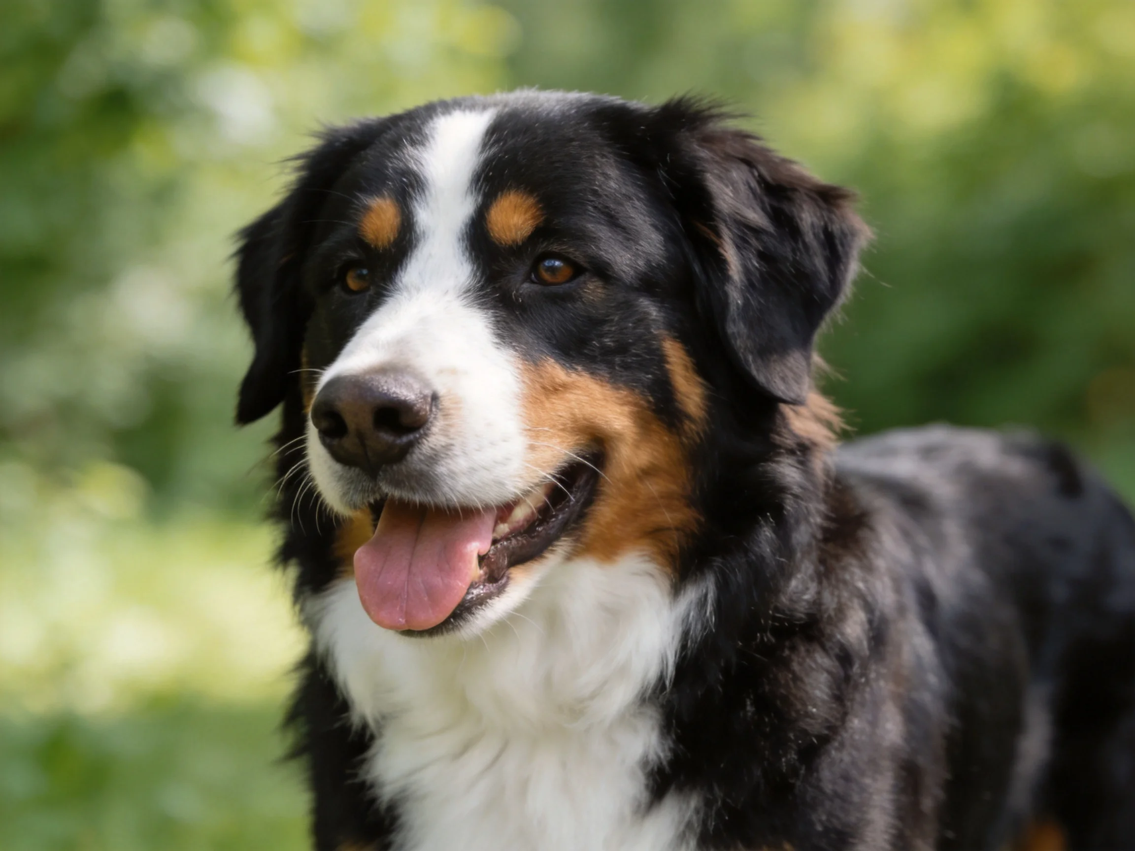 A tricolor dog stands happily in a sunlit green outdoor area.