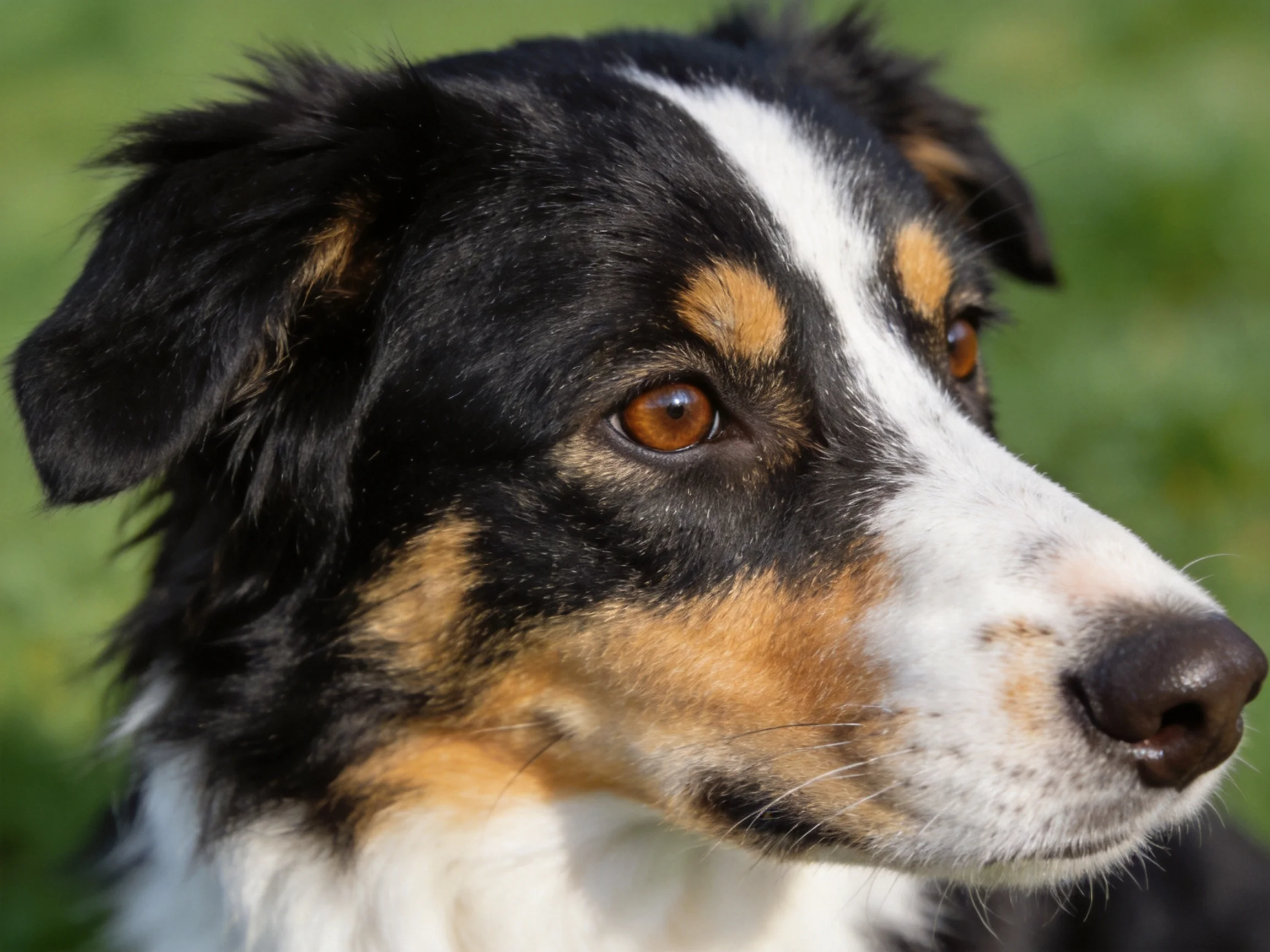 Close-up of a tricolor dog with expressive eyes in a blurred green outdoor scene.
