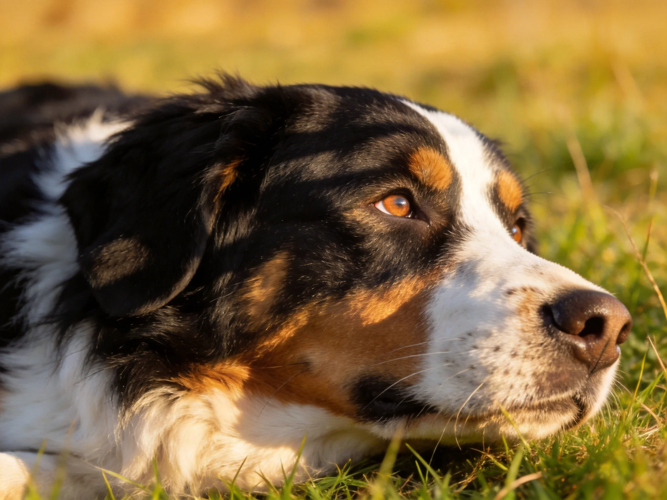 A tricolor dog relaxes on grass in sunny weather