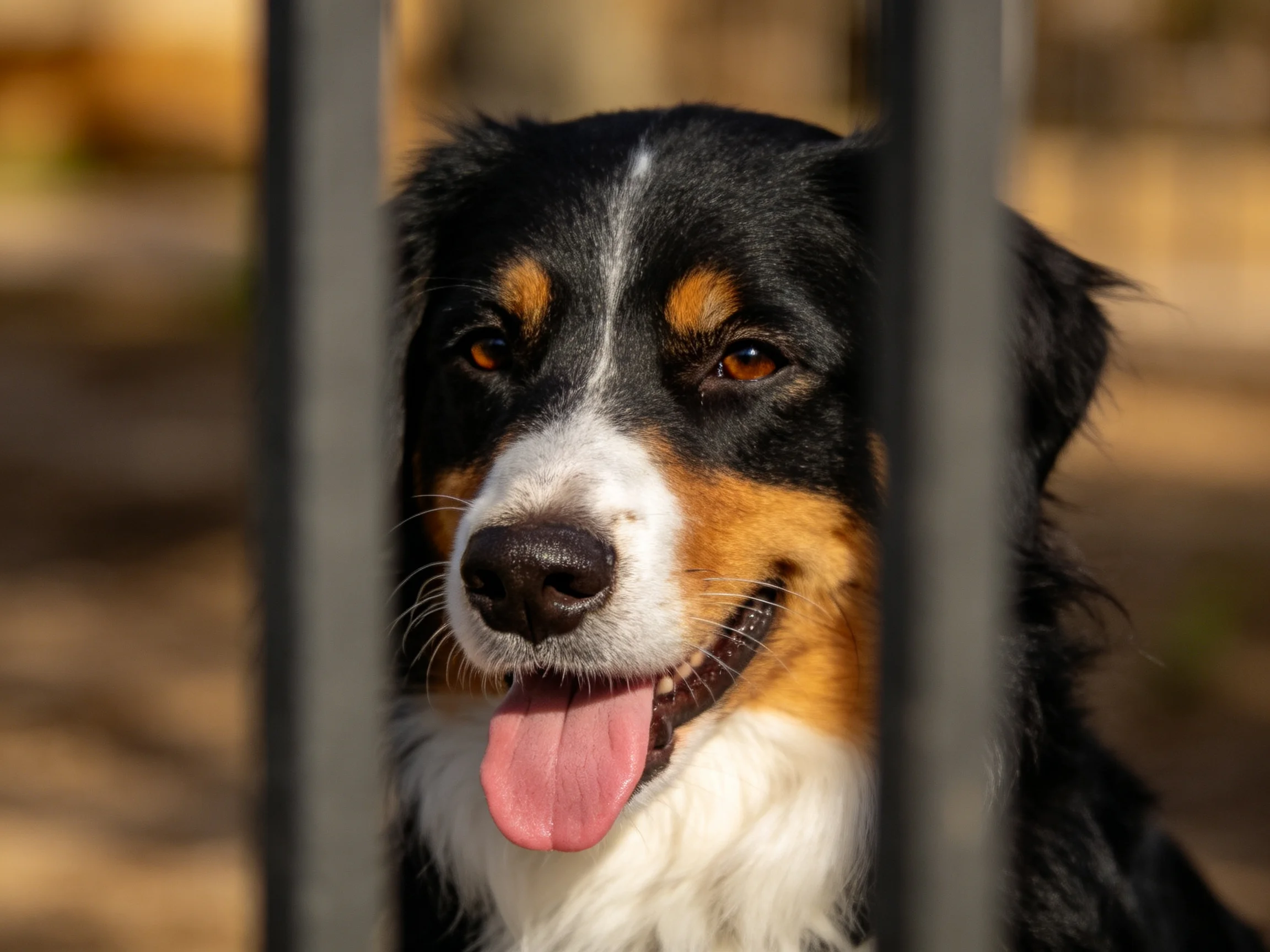 A tricolor dog shows its distinct fur colors while looking through metal bars