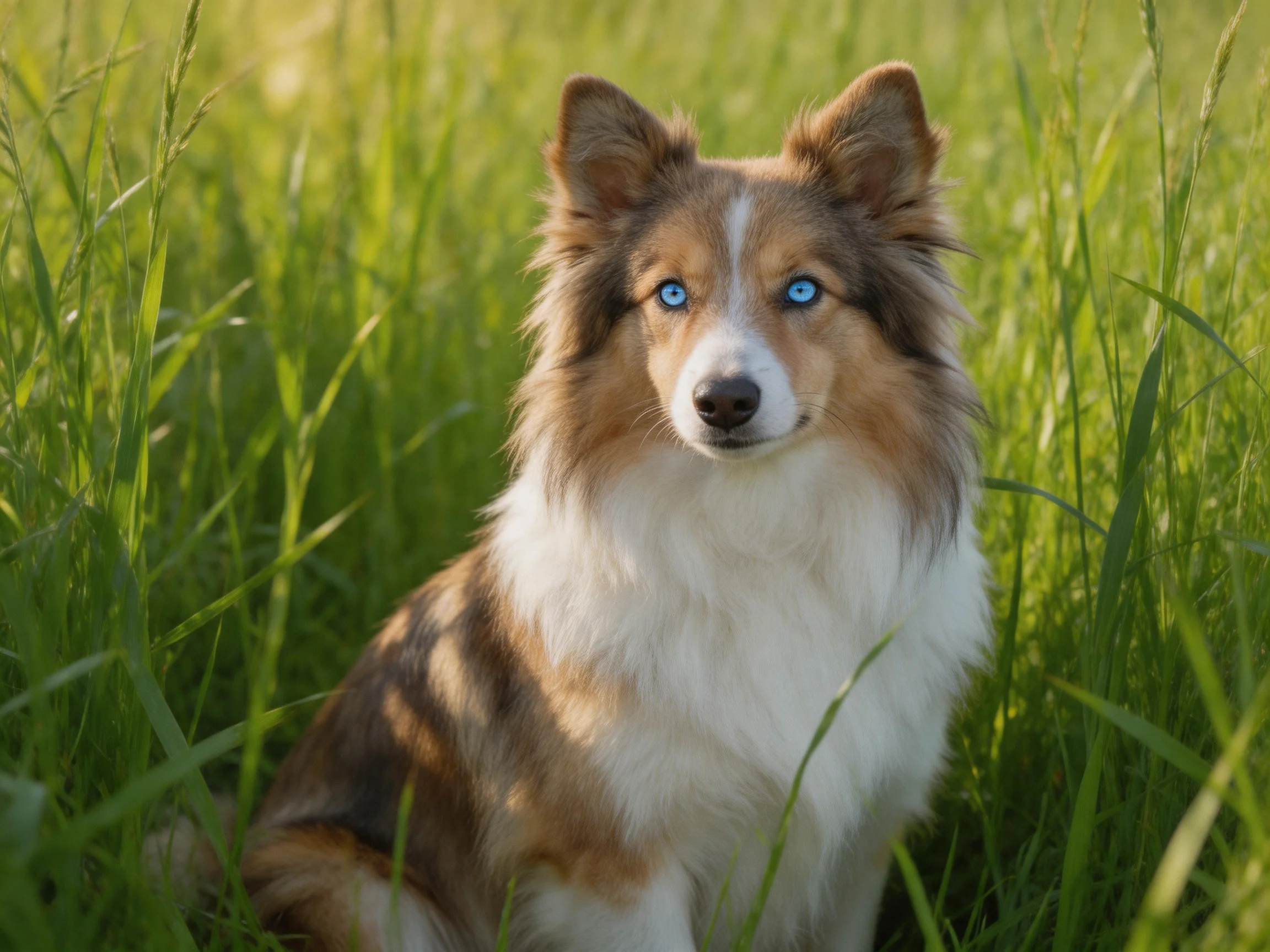A tricolor dog with blue eyes sits peacefully in tall green grass