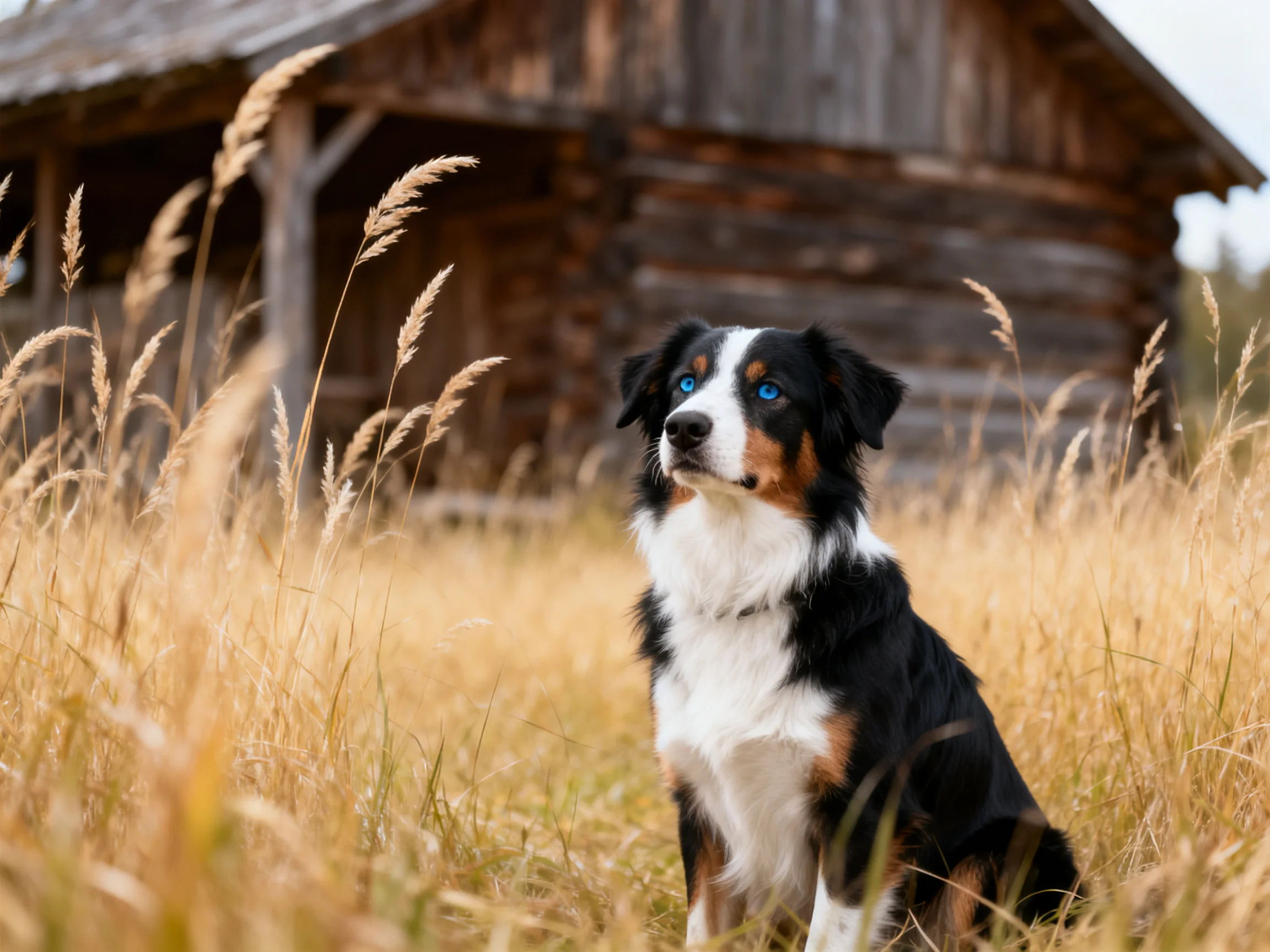A tricolor dog with blue eyes sits near an aged wooden cabin among tall golden grasses