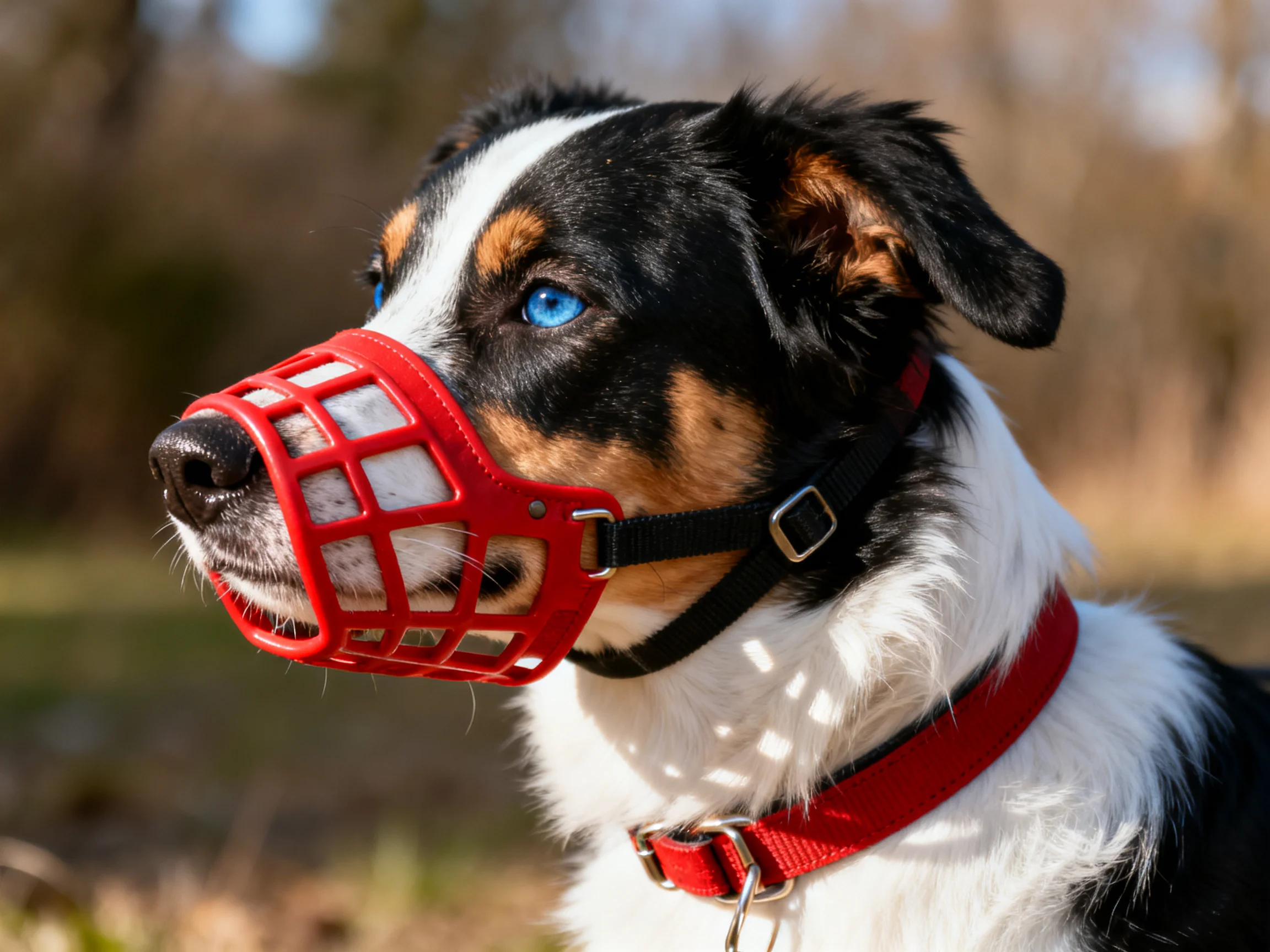 A tricolor dog with blue eyes wears a bright red plastic muzzle