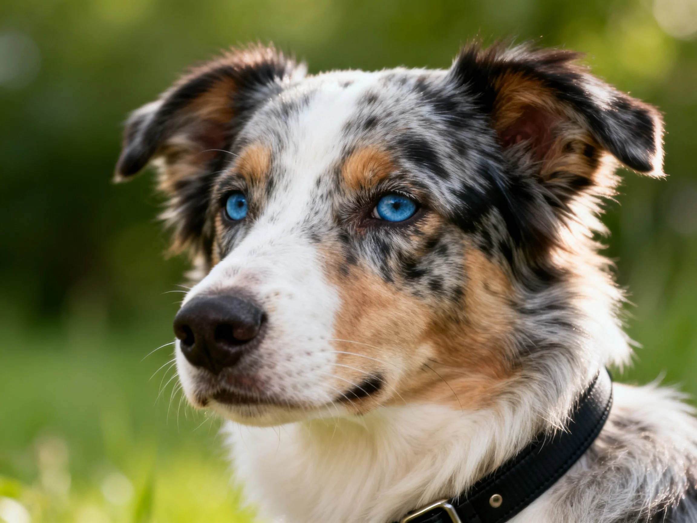 A close - up of a tricolor dog with bright blue eyes in an outdoor environment.