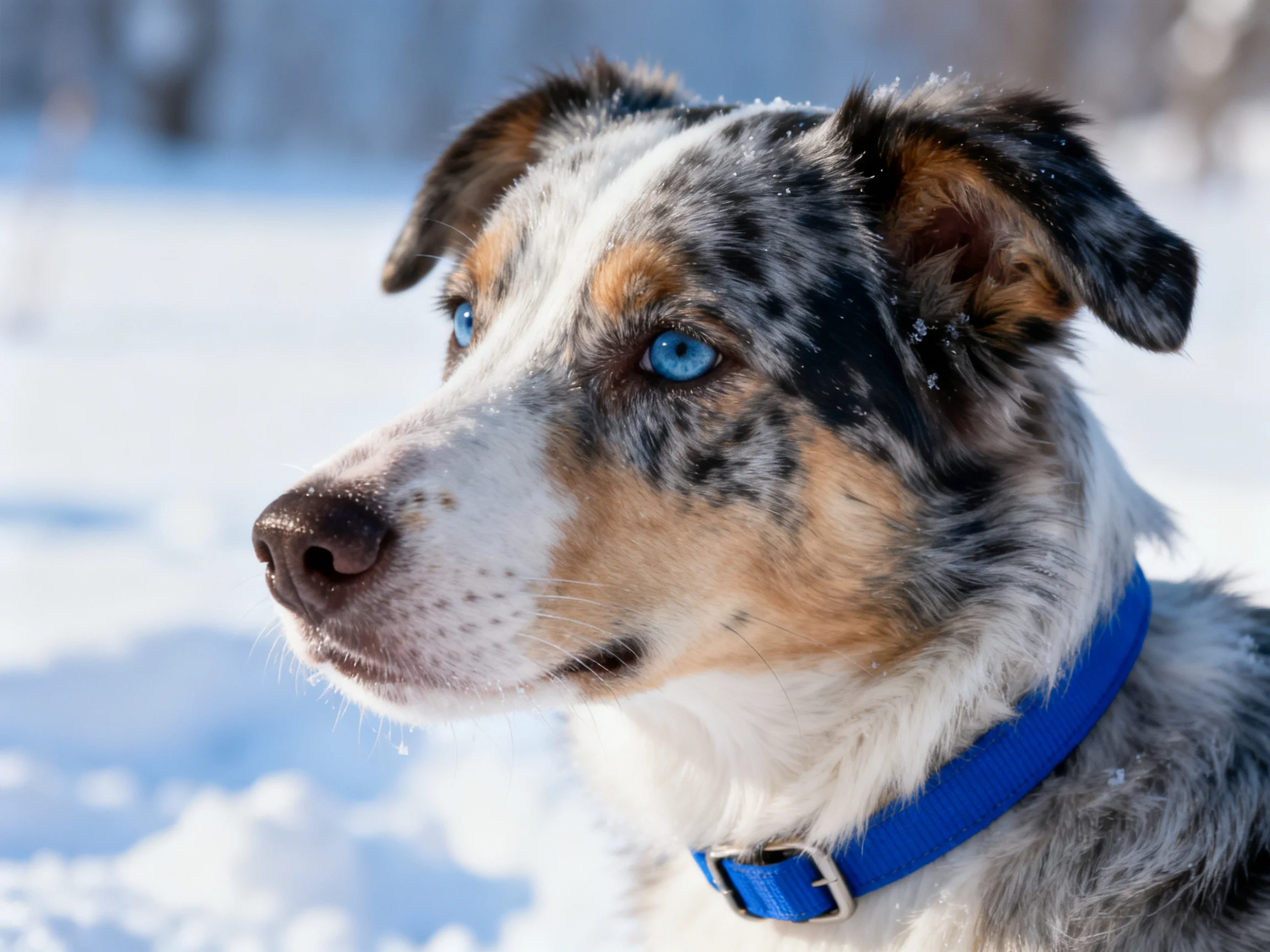 A tricolor dog with bright blue eyes is outdoors in snow