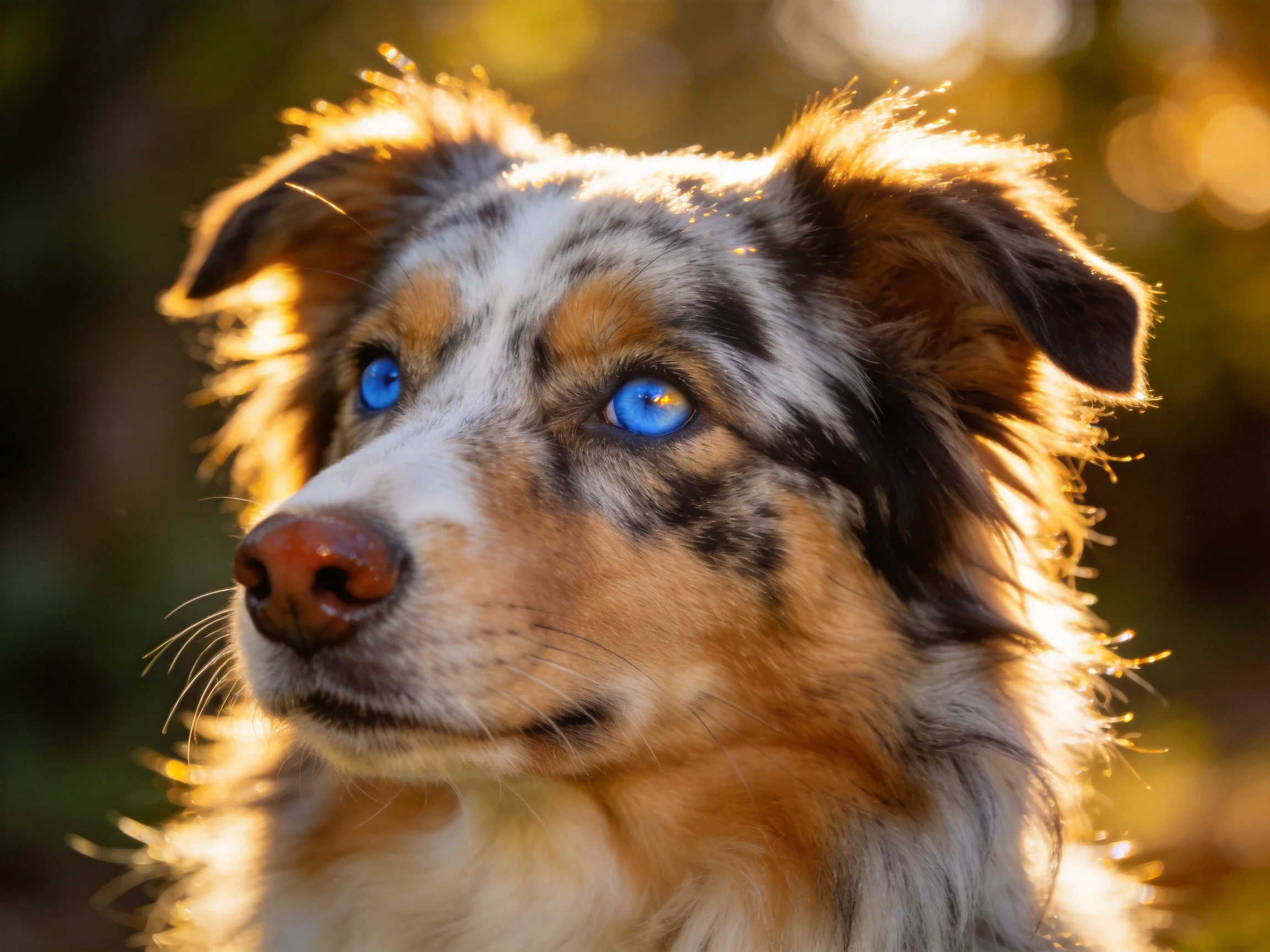 A tricolor dog gazes attentively in warm sunlight.