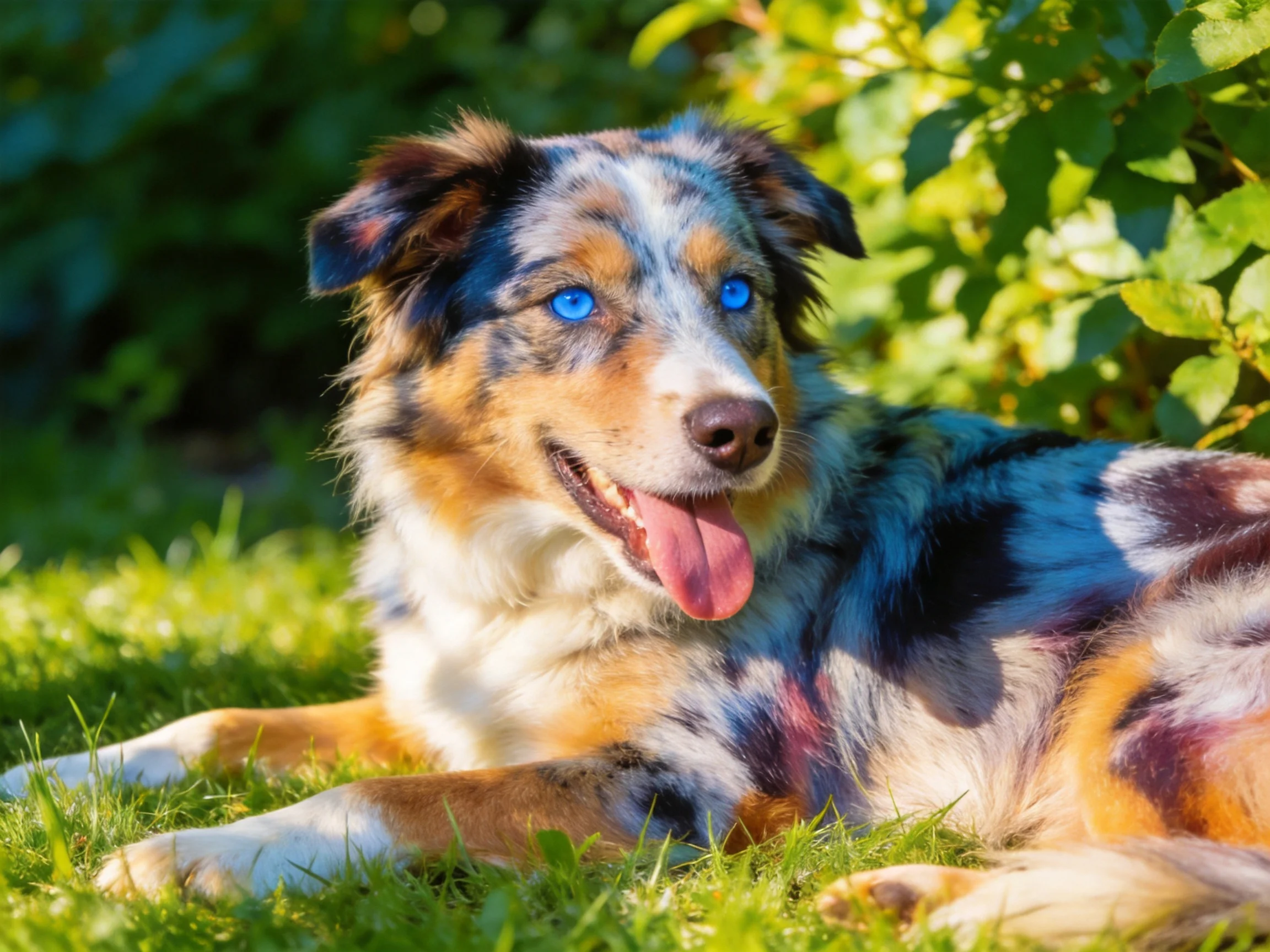 A tricolor dog with bright blue eyes relaxes on grass in a sunny outdoor setting.