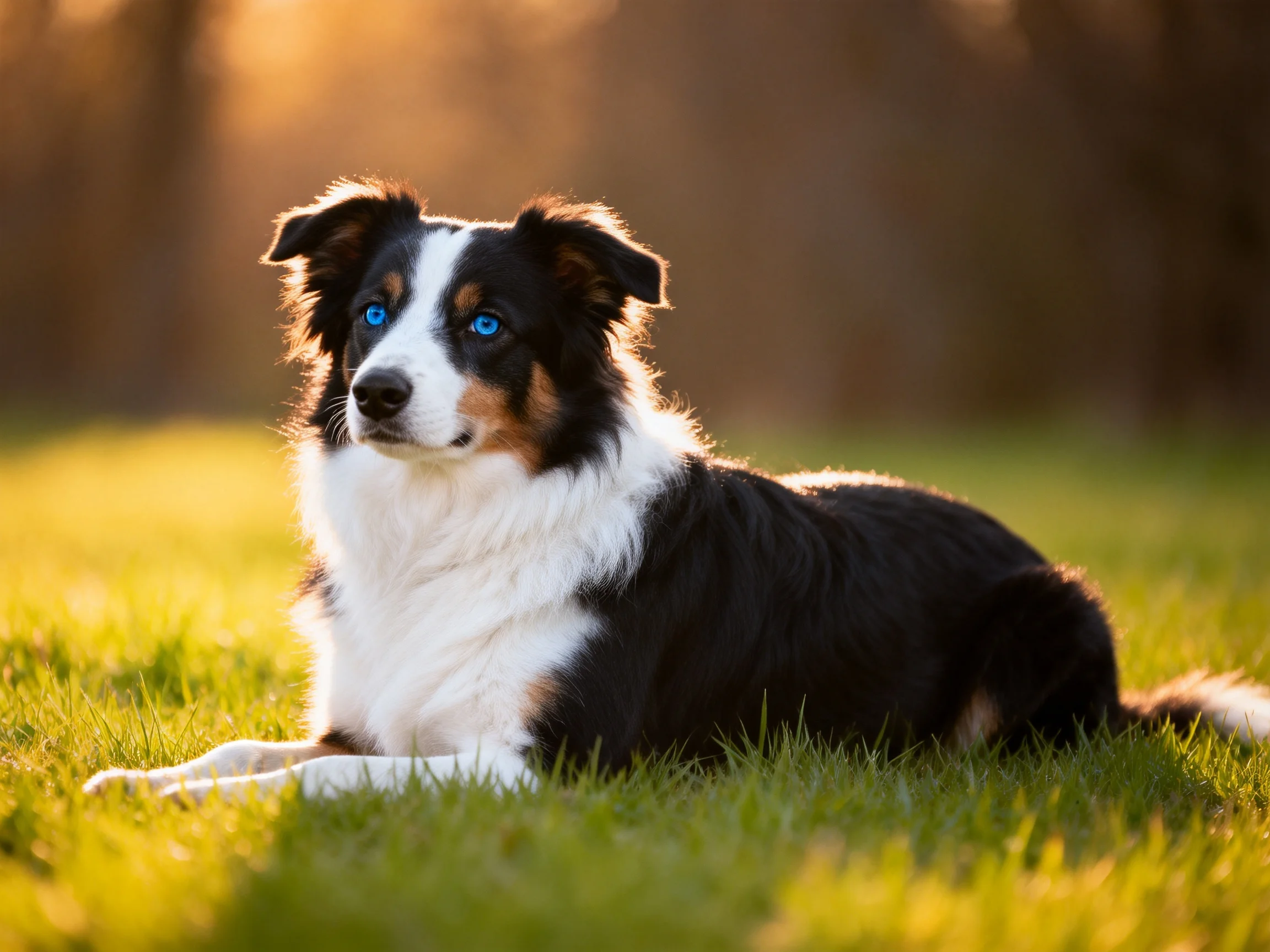 A tricolor dog with blue eyes rests on sunlit grass.