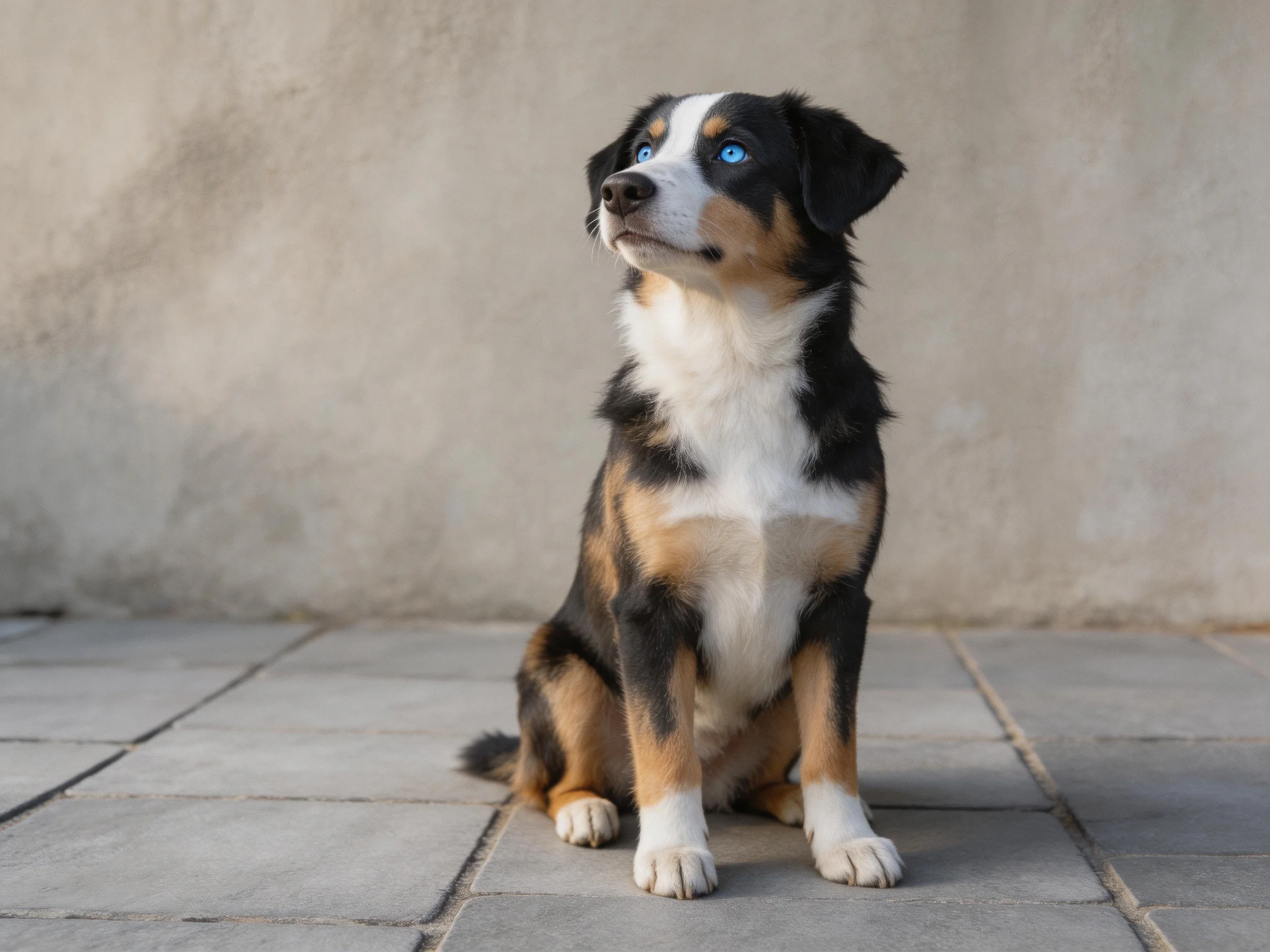 A tricolor dog with bright blue eyes sits calmly on stone tiles near a plain wall.