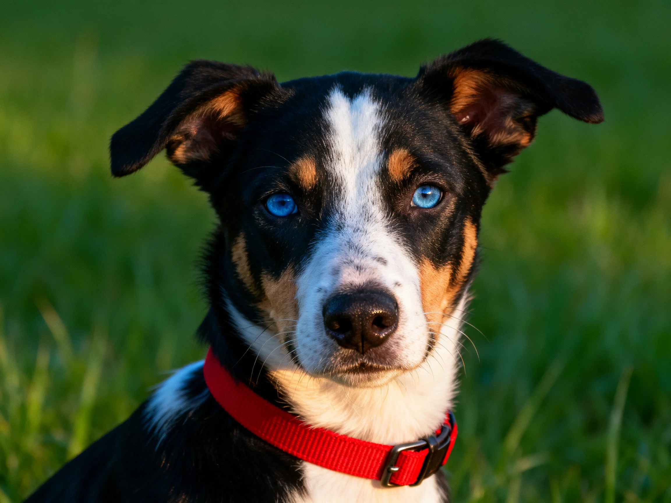 A tricolor dog with blue eyes and a red collar stands in a grassy area.