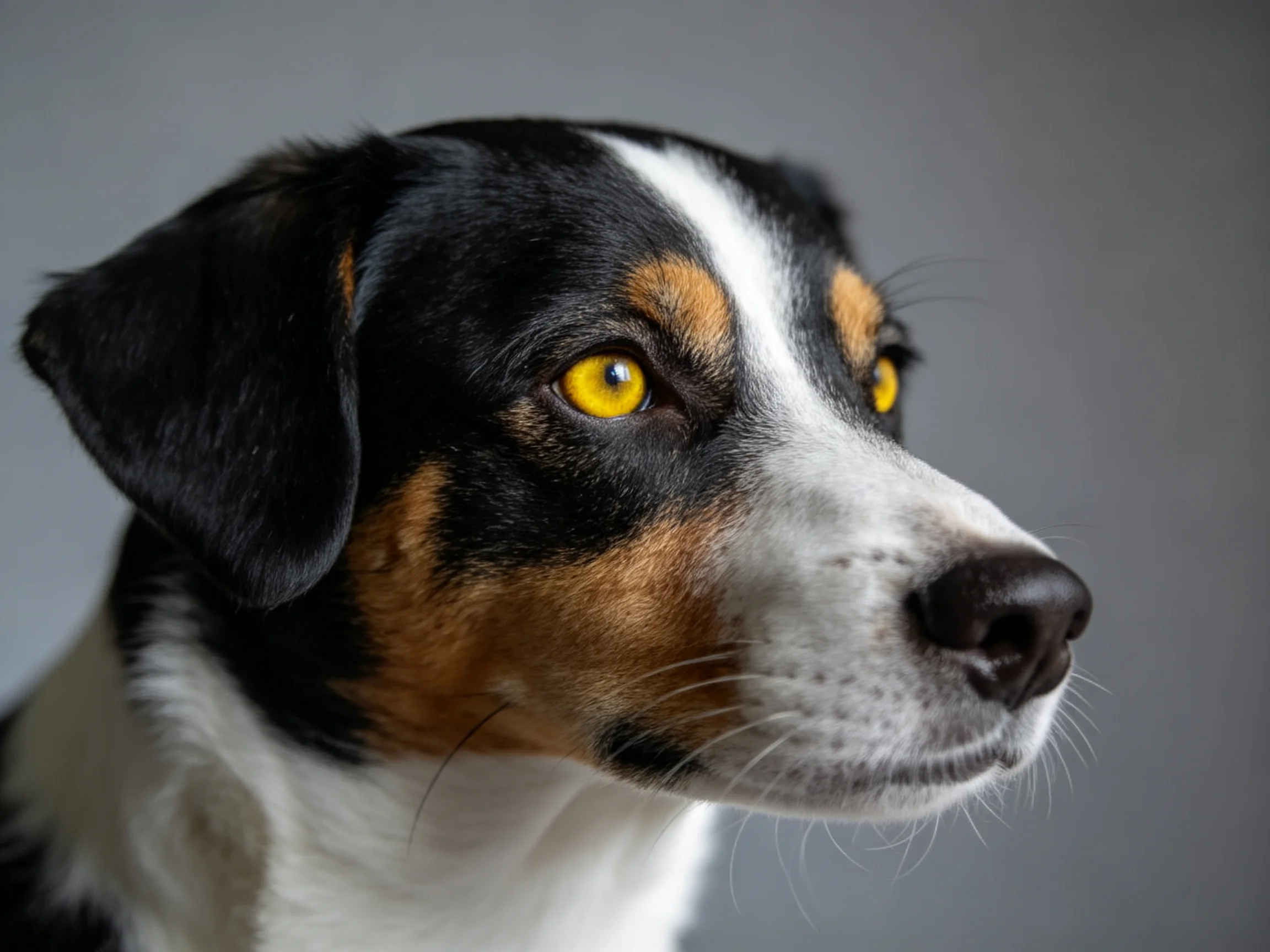 A close - up portrait of a tricolor dog showcasing vivid yellow eyes
