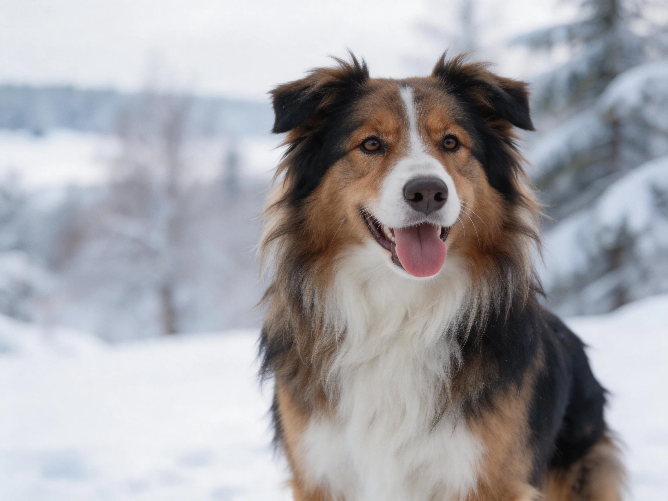 A tricolor dog sits happily among a snowy landscape.