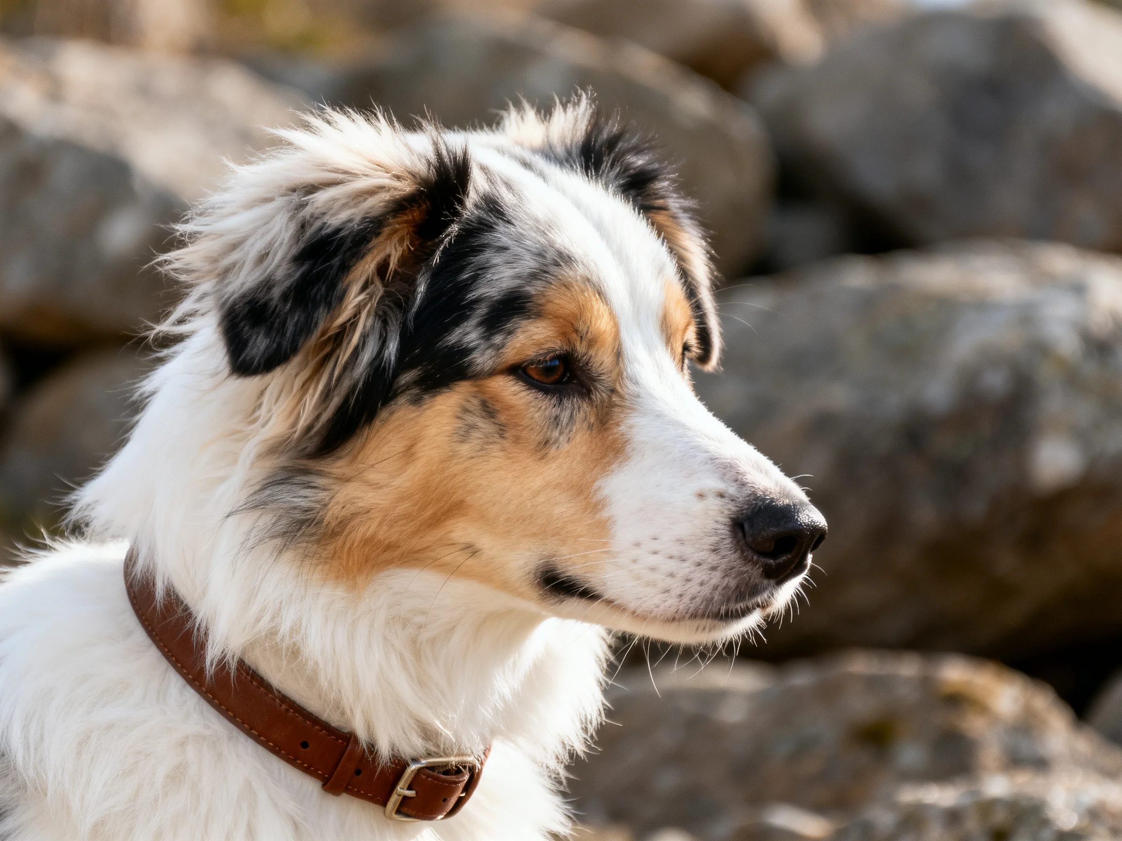 A tricolor dog stands near large gray rocks outdoors.