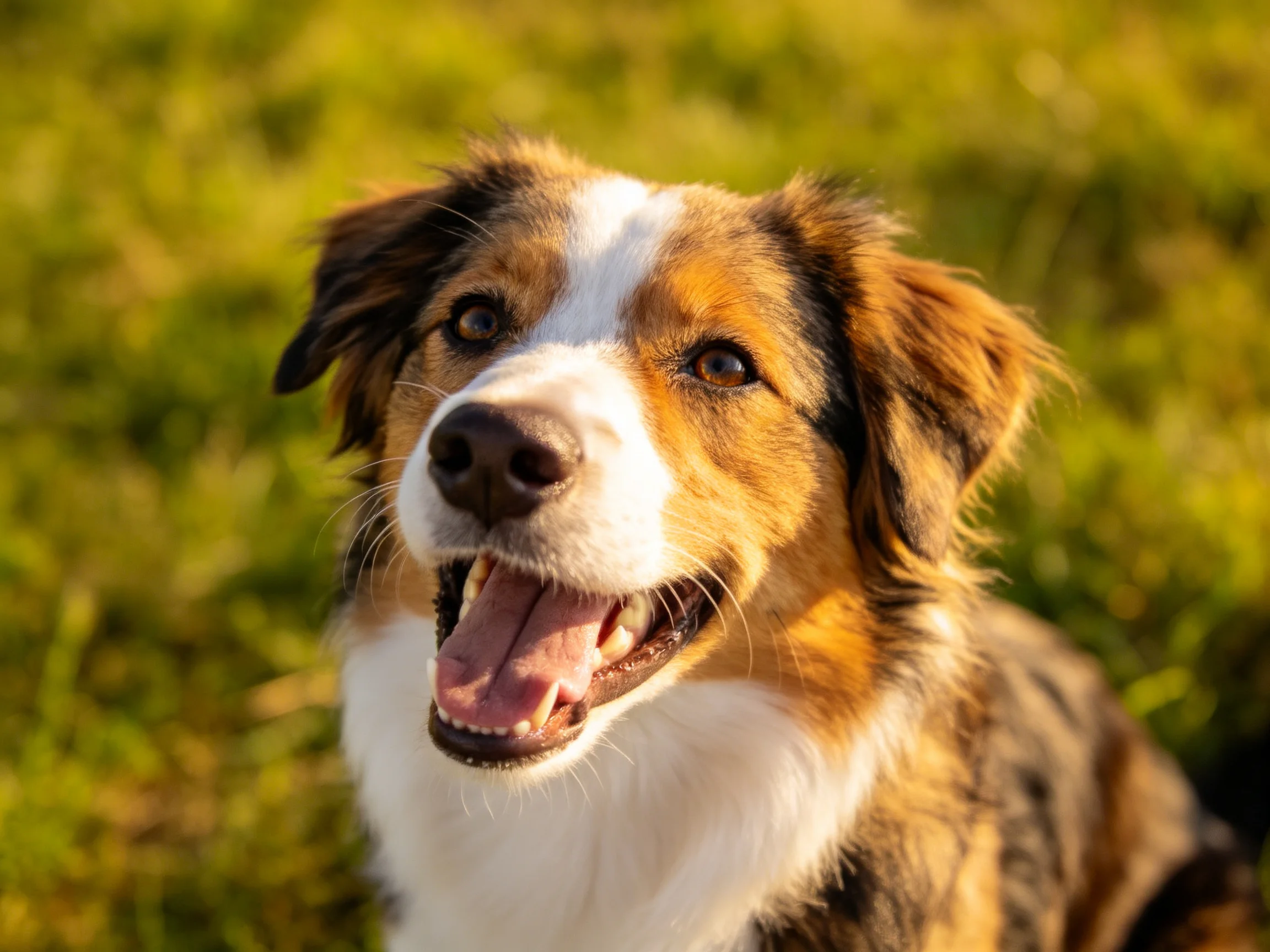 A tricolor dog smiles happily in a sunlit outdoor setting.