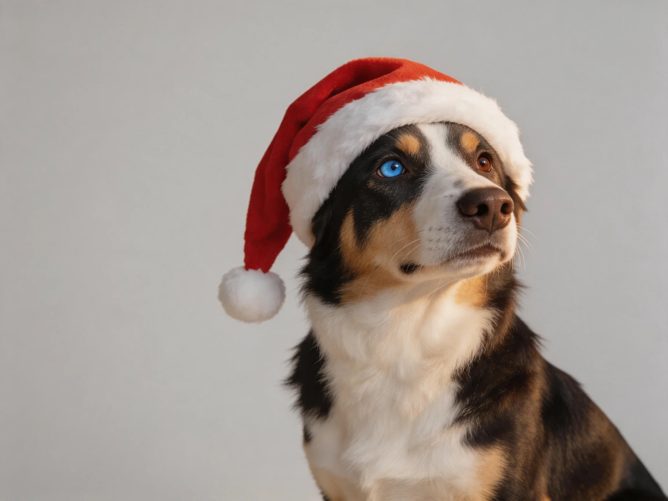 A tricolor dog with heterochromia wears a red Santa hat while looking upward.