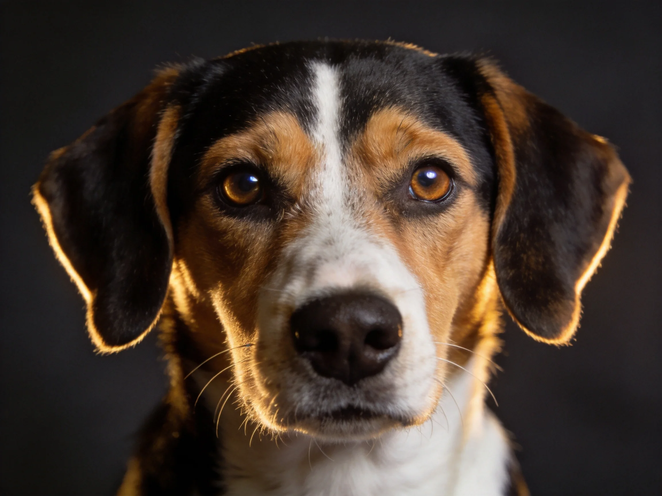A tricolor dog with large ears and warm brown eyes