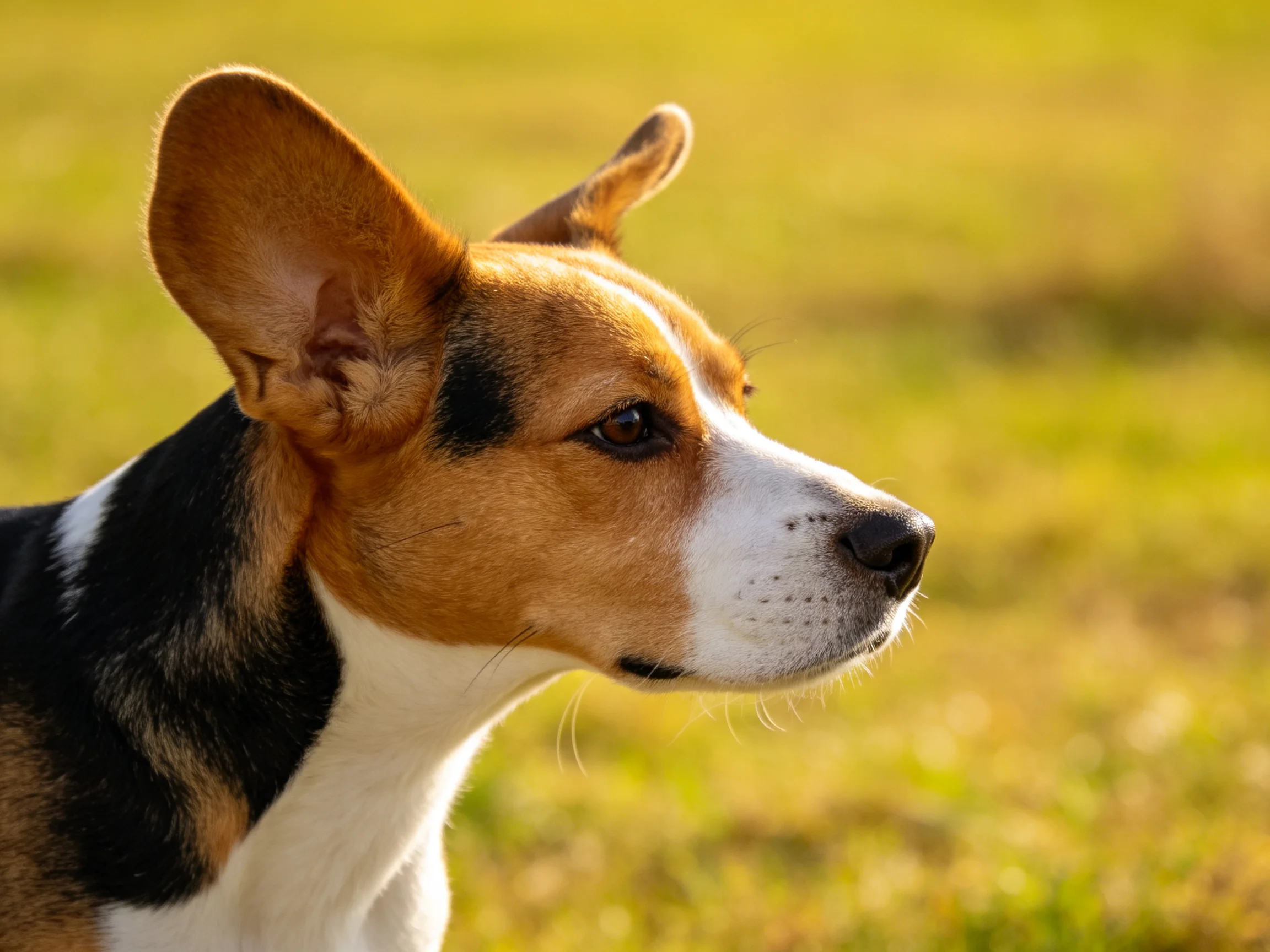 A tricolor dog with large ears in a sunlit grassy field