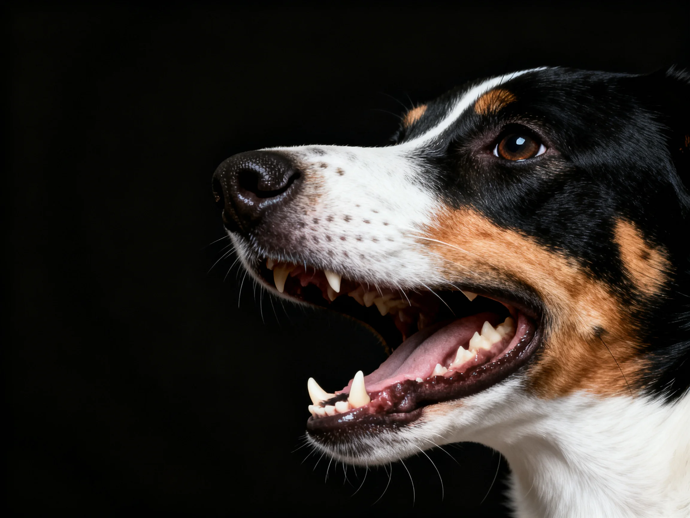A tricolor dog with open mouth against a solid black backdrop