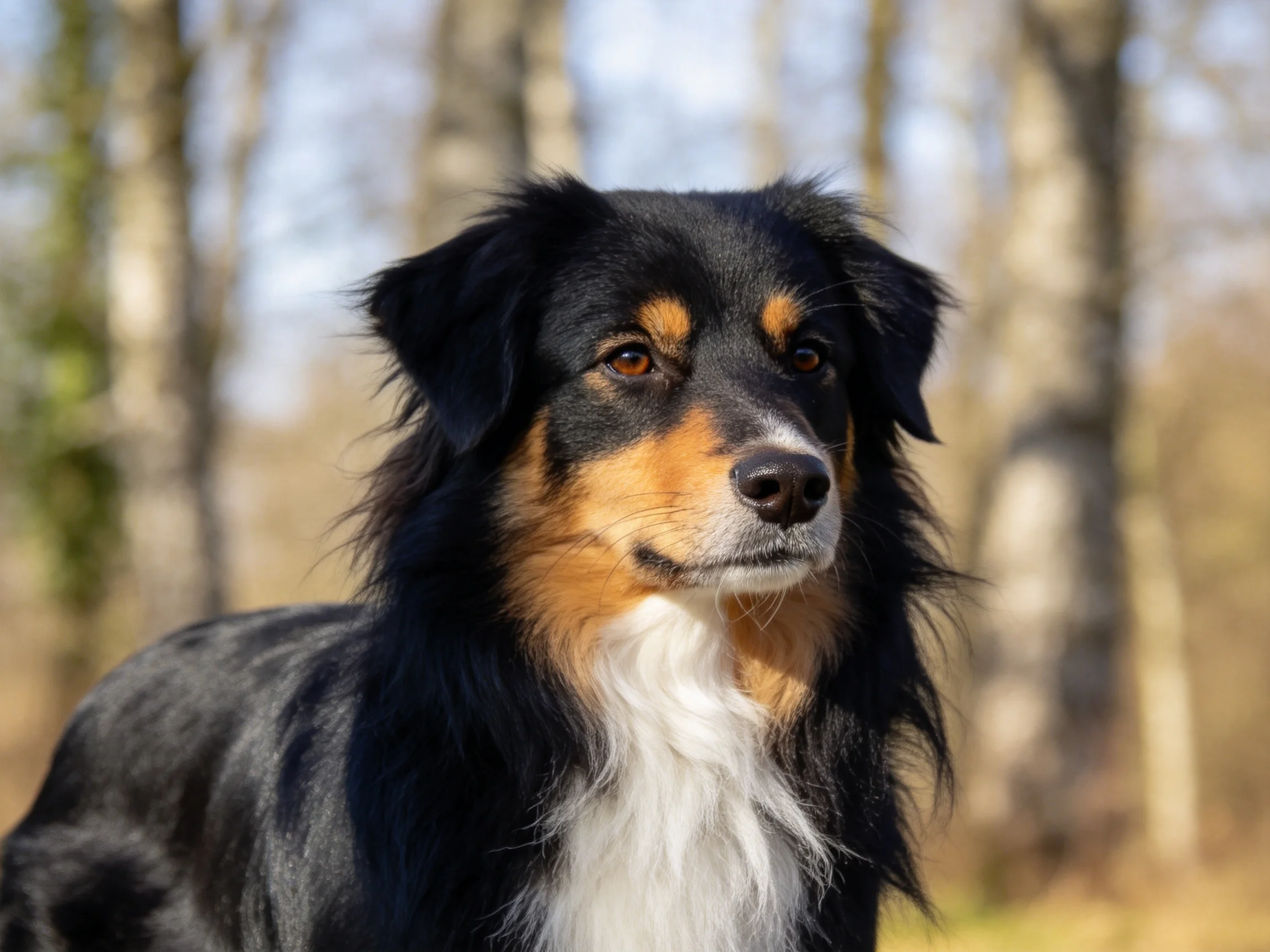 A tricolor dog with shaggy fur stands amid tall trees