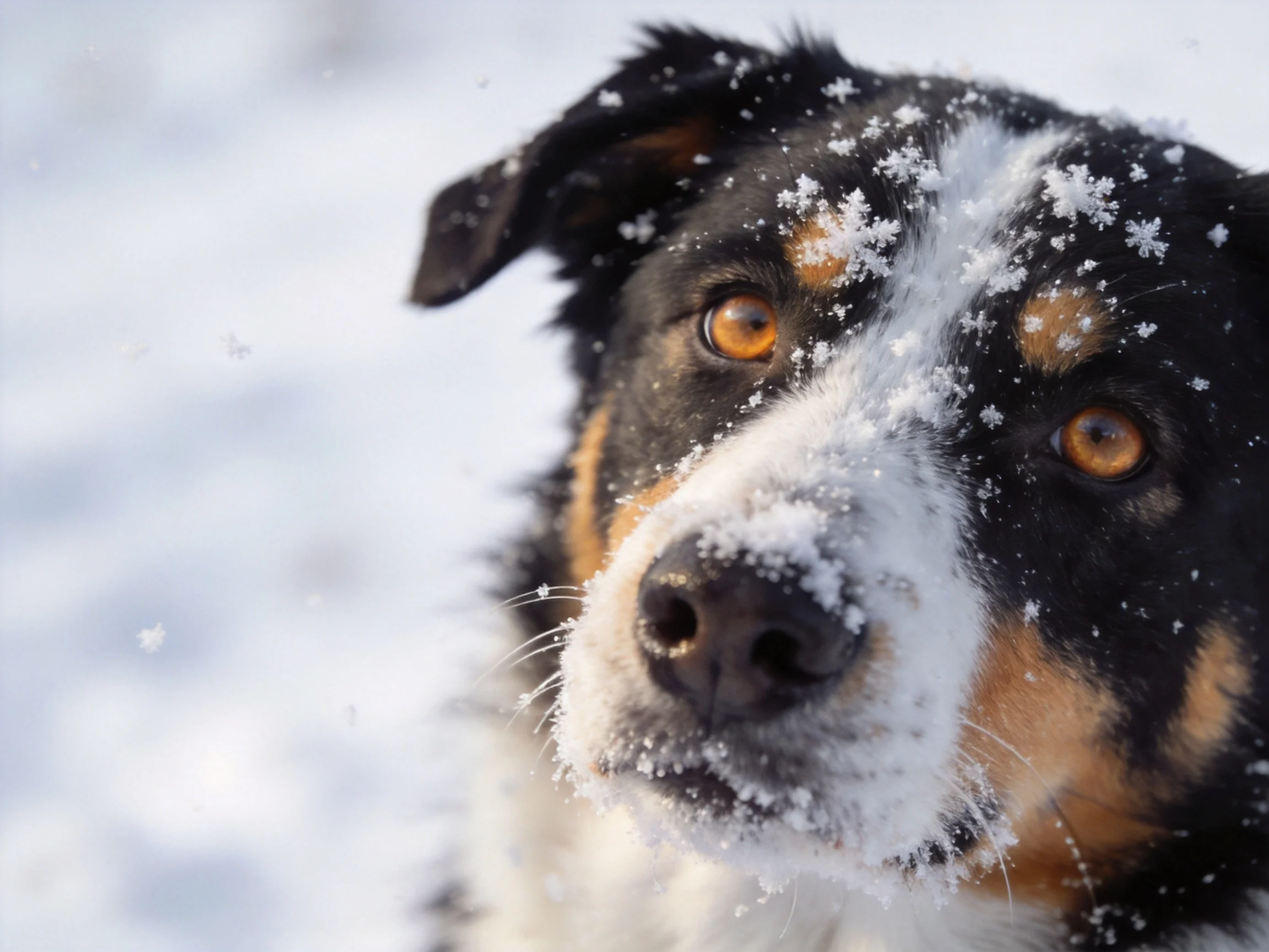 A tricolor dog with snowflakes on its face is in a snowy outdoor setting.