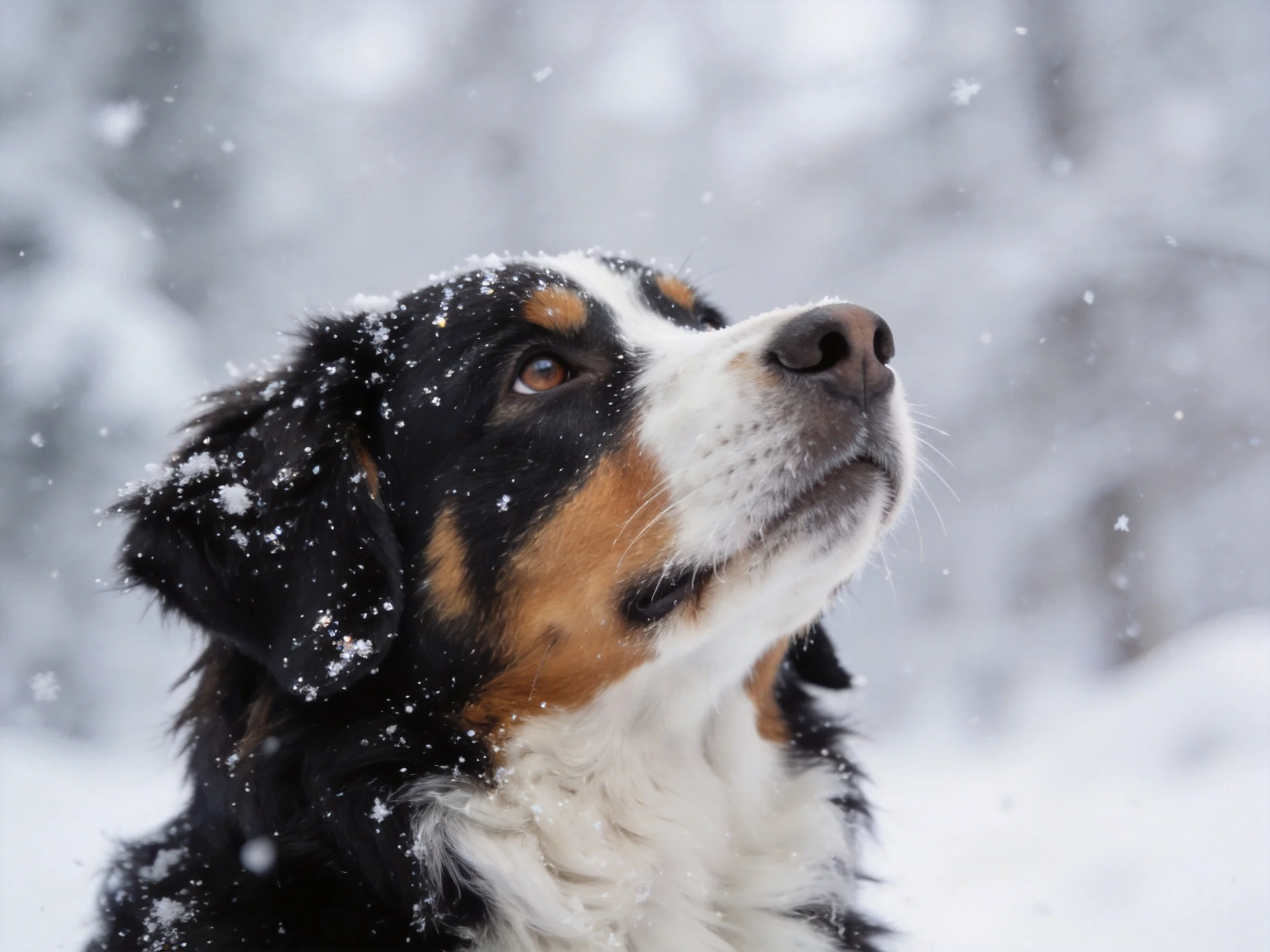 A tricolor dog with snowflakes on its head in a snowy landscape