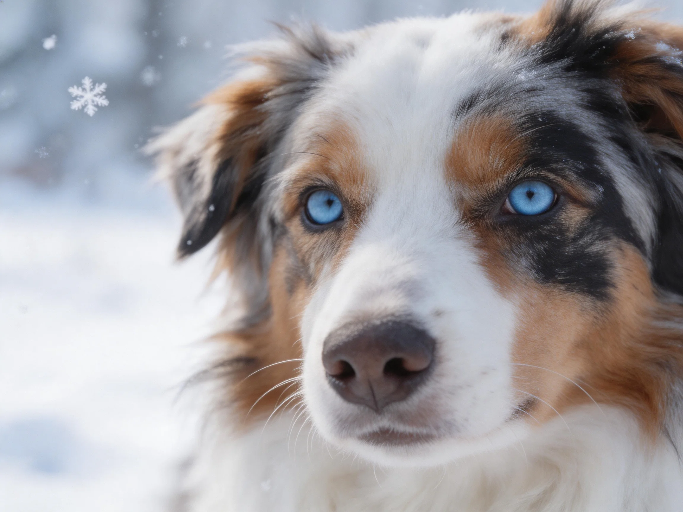A tricolor dog with striking blue eyes in a wintry setting