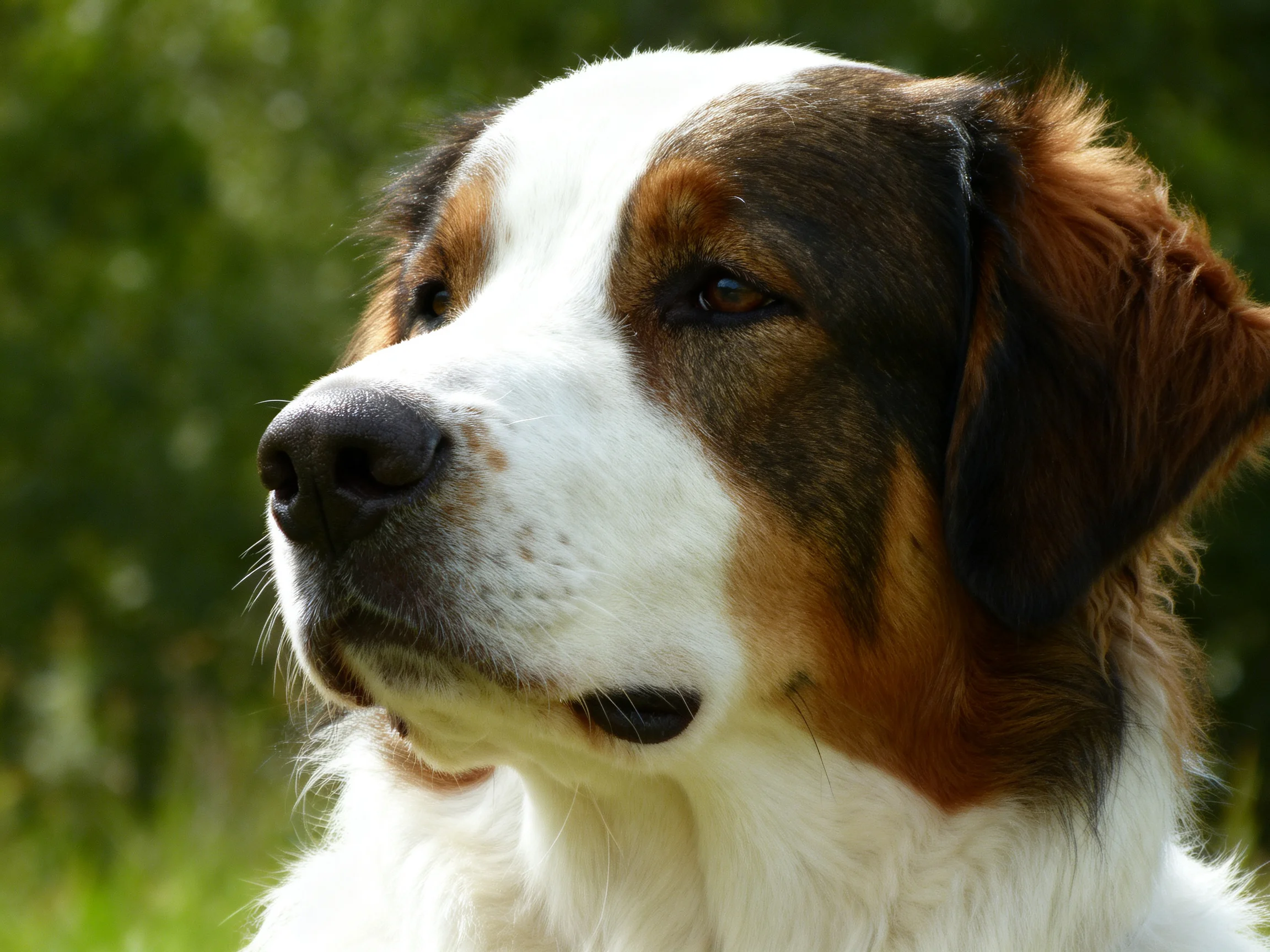 A close - up of a tricolor dog gazing thoughtfully outdoors.