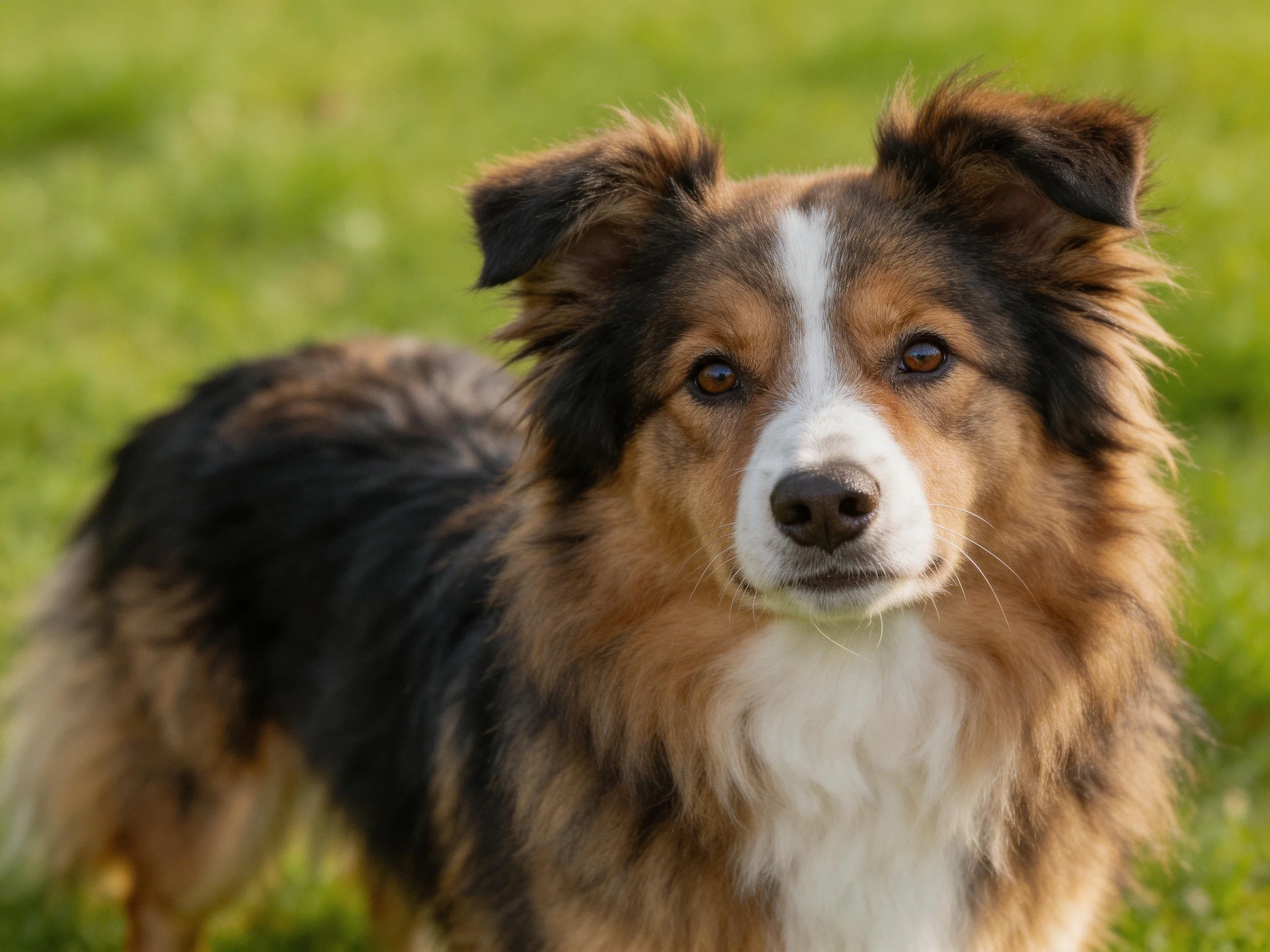 A tricolor fluffy dog stands on green grass in a sunny outdoor setting