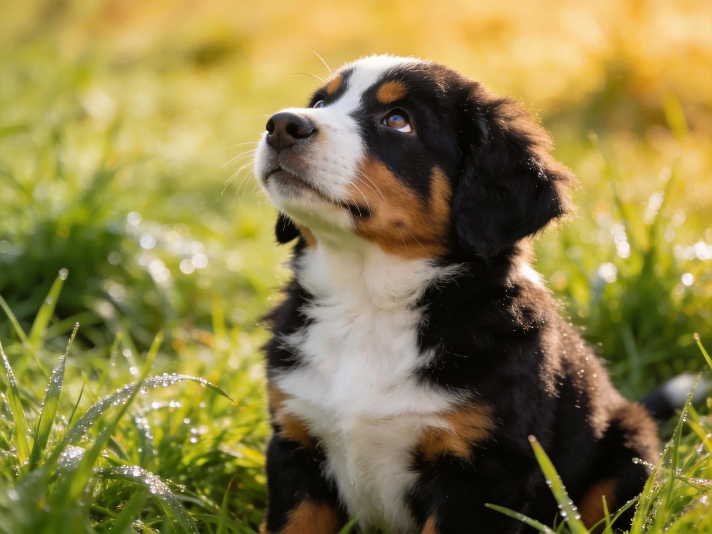 A tricolor puppy gazes upward in dewy grass.