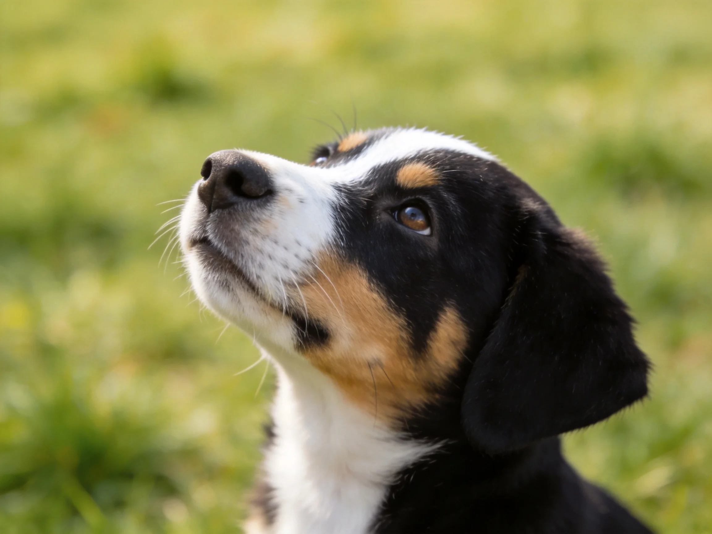 A tricolor puppy looks upward in a grassy outdoor setting.