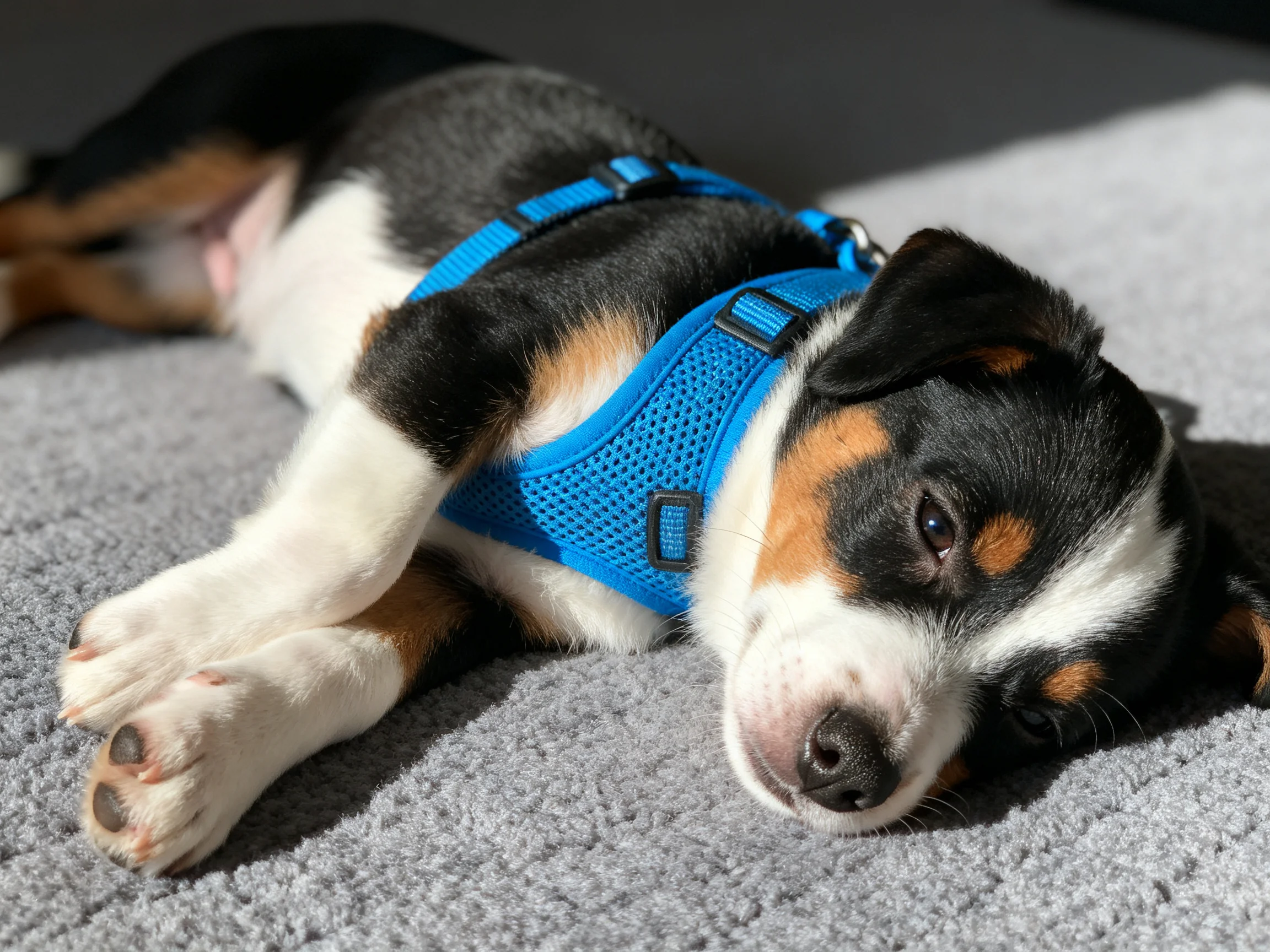 A tricolor puppy in a blue harness rests on a gray carpet