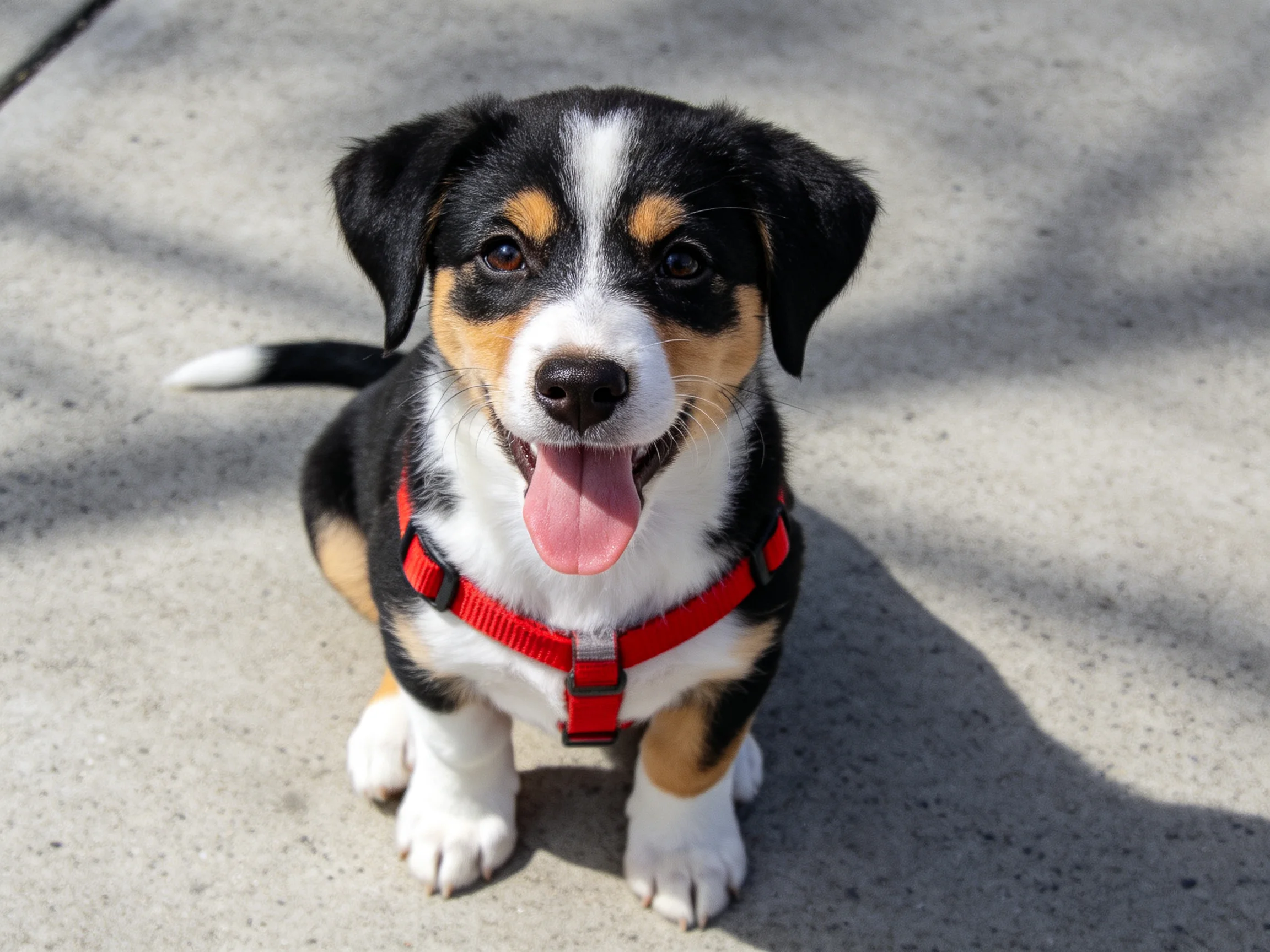 A tricolor puppy in a red harness sits on concrete pavement