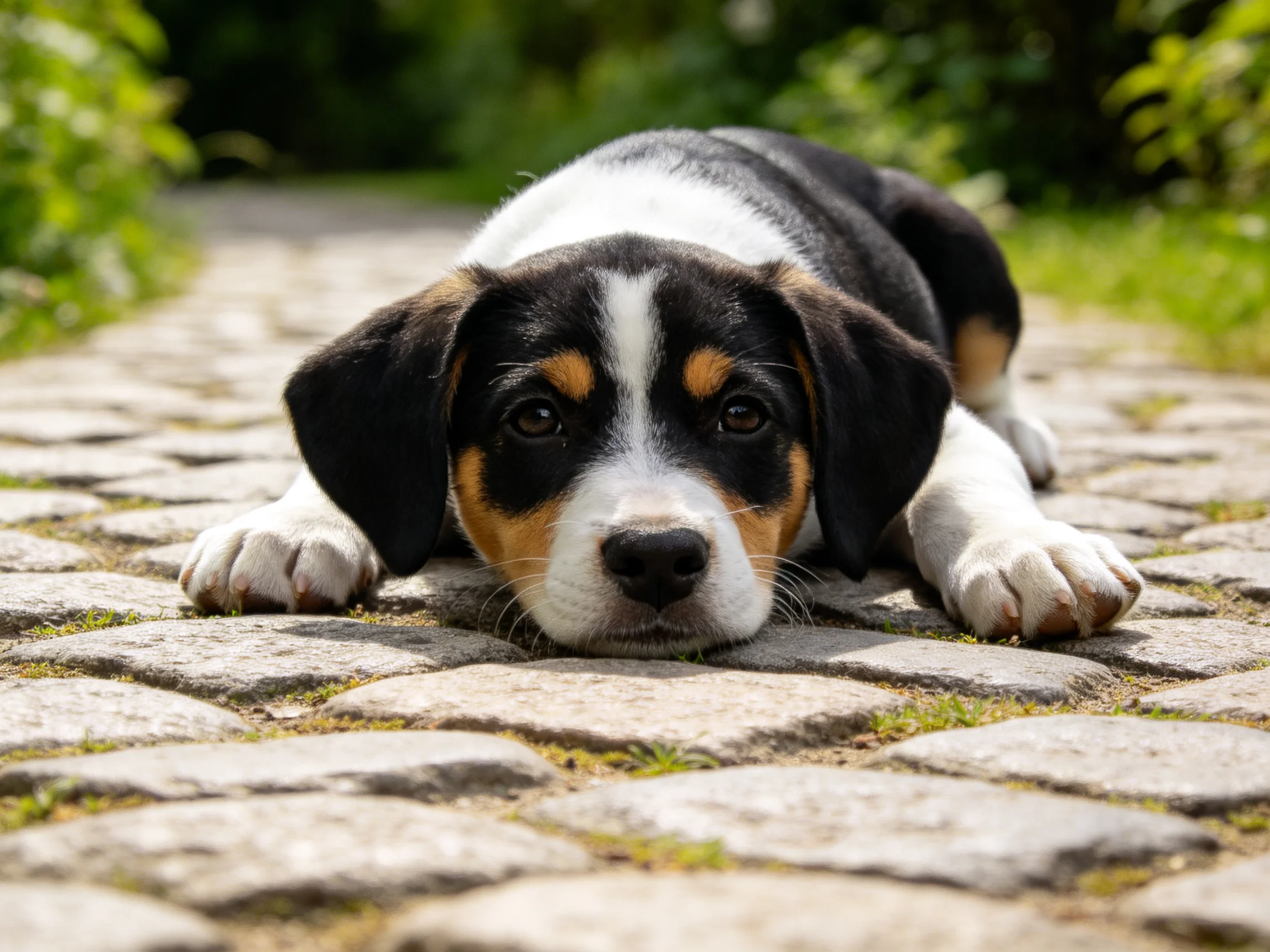 A tricolor puppy lies on a cobblestone path near greenery