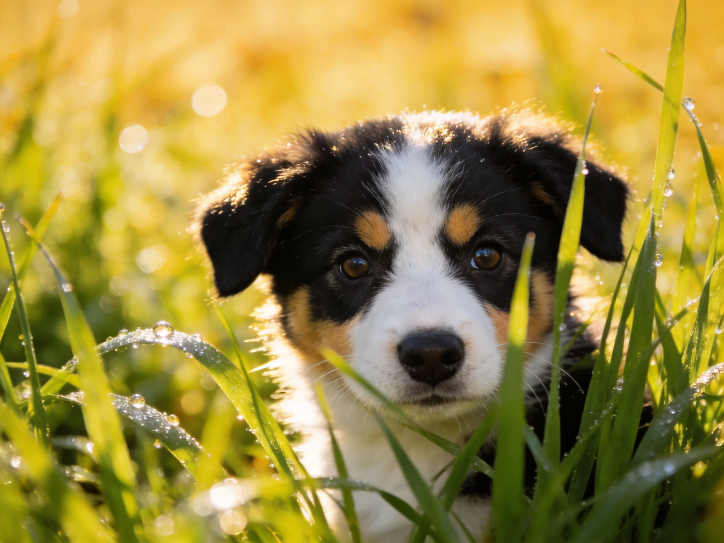 A tricolor puppy hides among dew-dotted grass in a sunlit meadow.