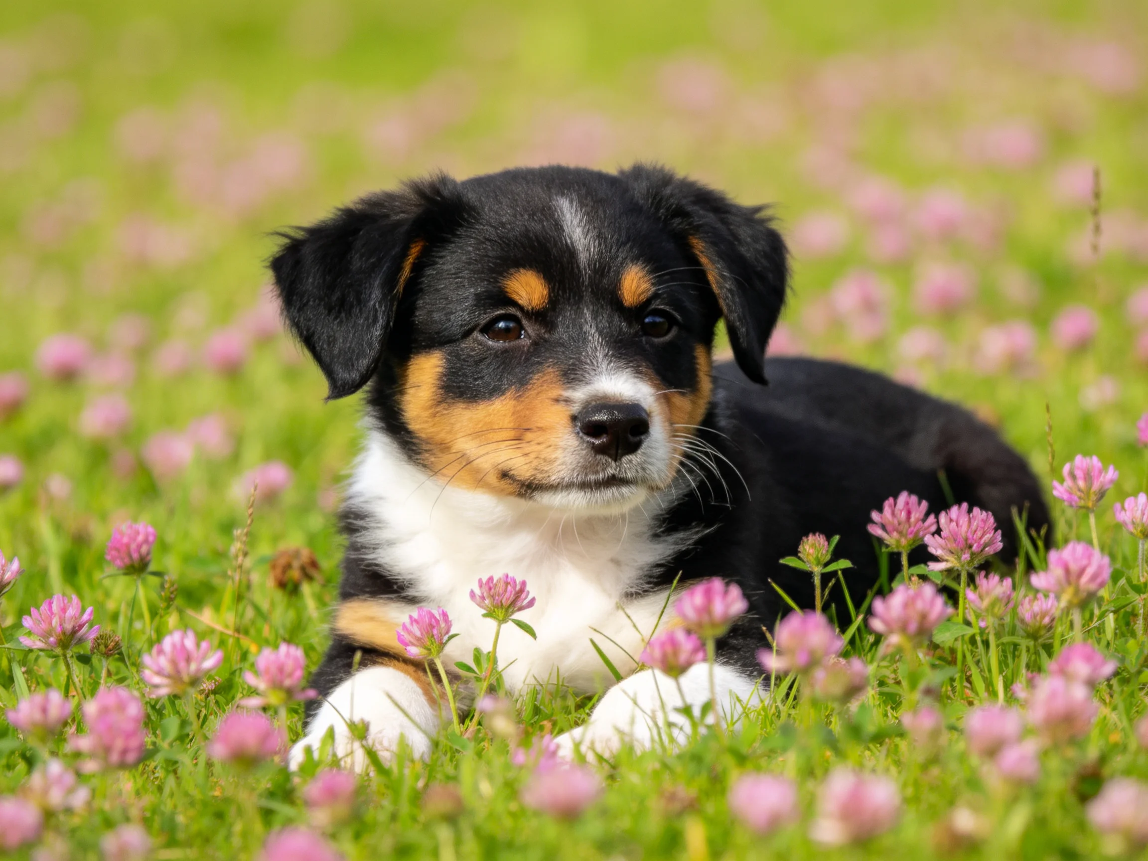 A tricolor puppy lies among pink clover flowers in a sunny meadow.