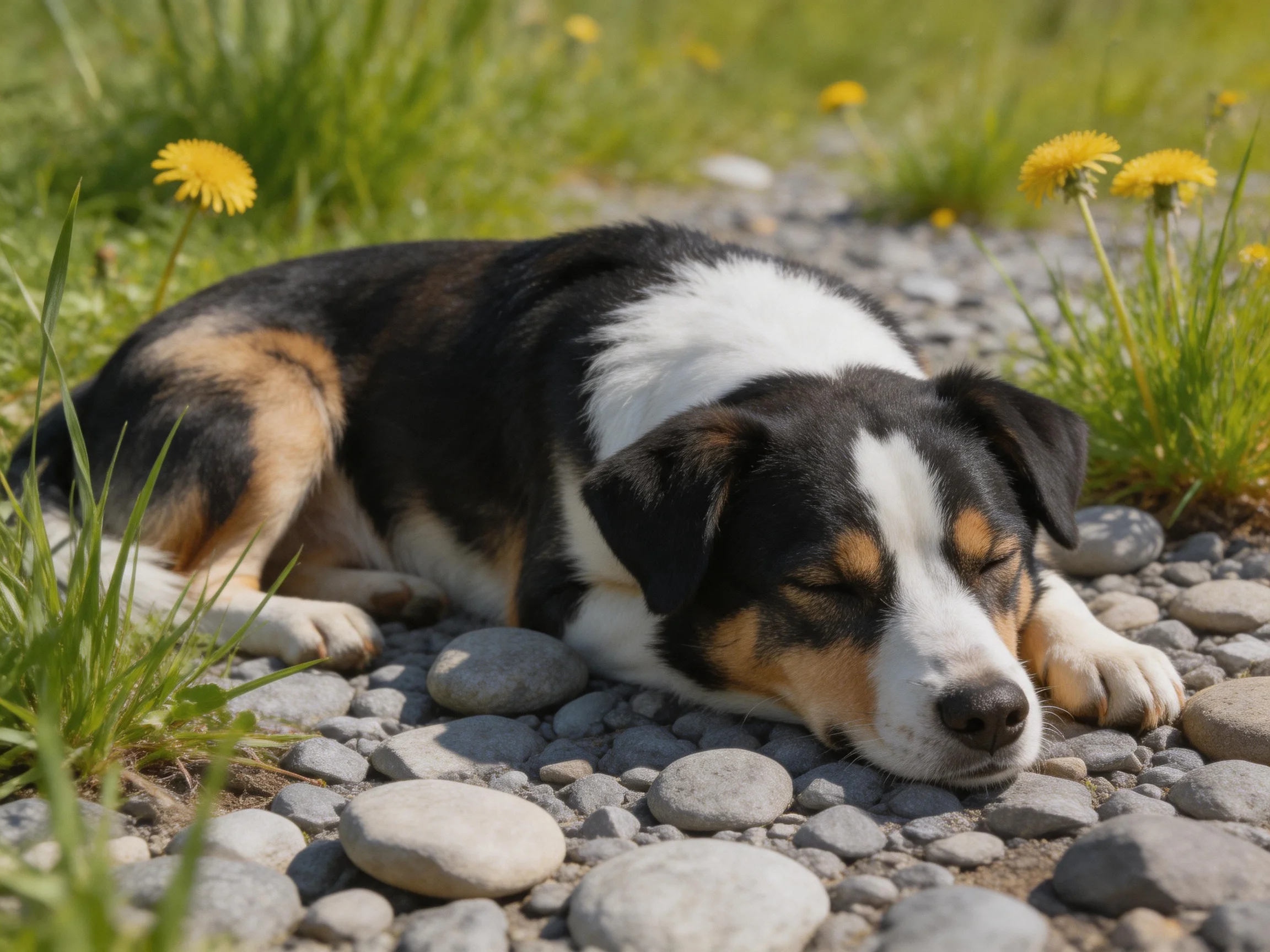 A tricolor puppy naps among pebbles and yellow flowers.