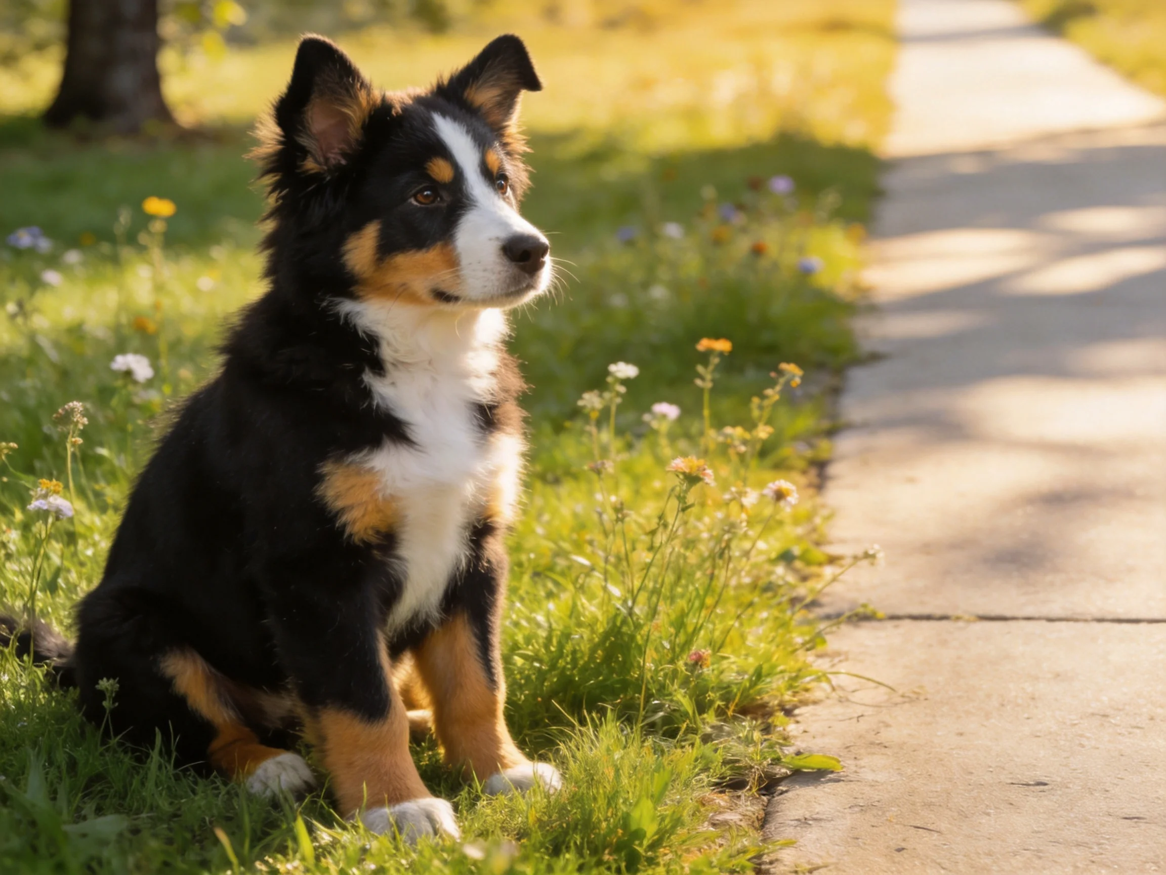 A tricolor puppy sits calmly by a sunlit sidewalk amid greenery.