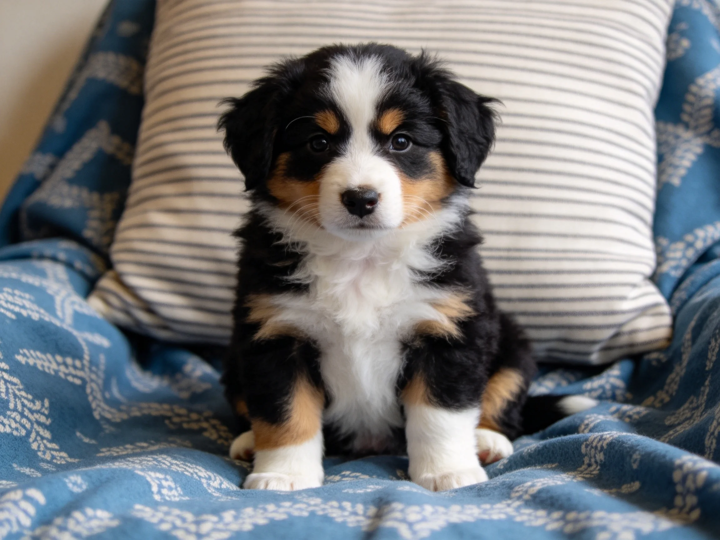 A tricolor puppy sits on a blue patterned blanket with a striped pillow