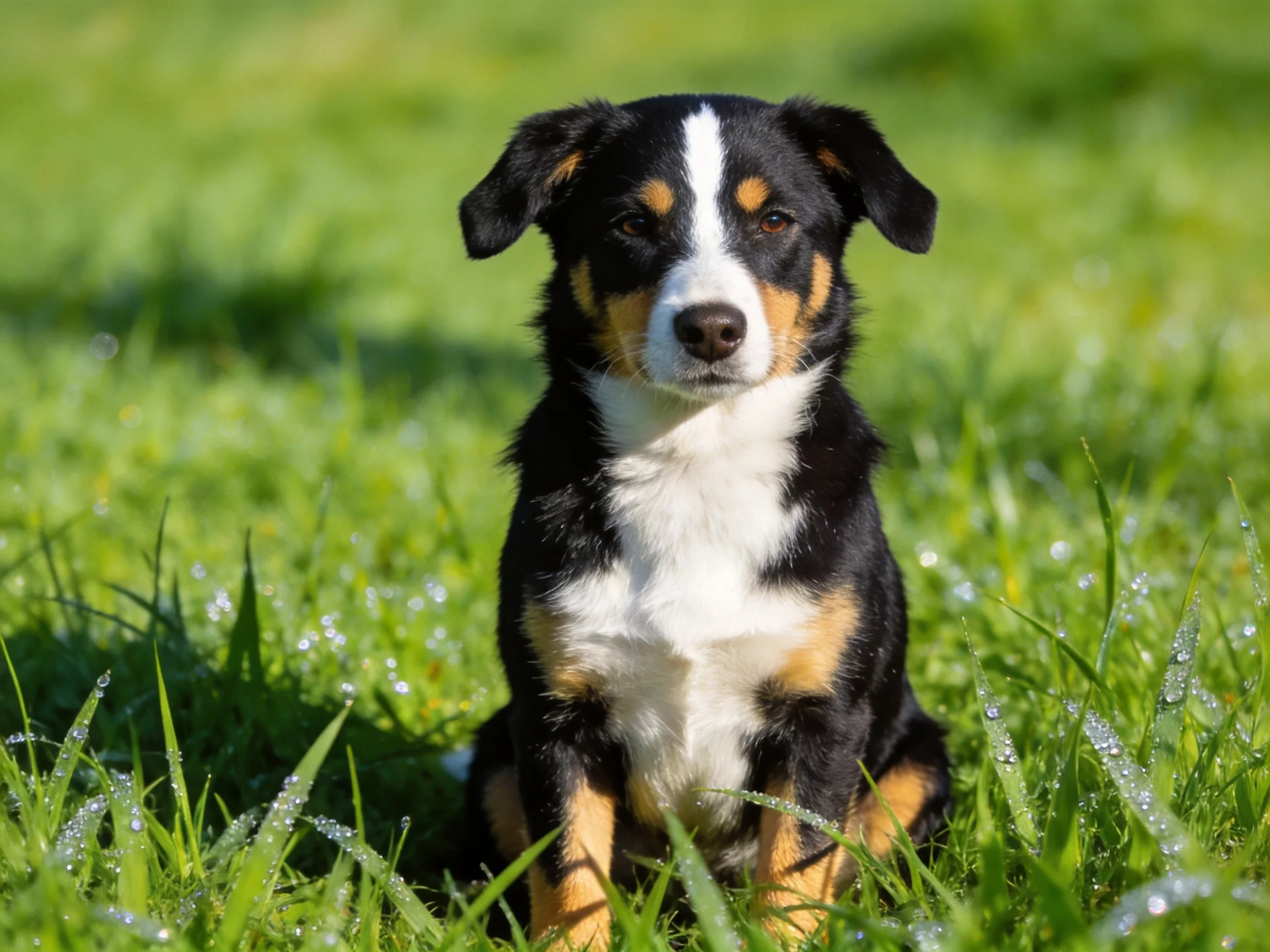 A tricolor puppy sits quietly in a sunlit grassy field.