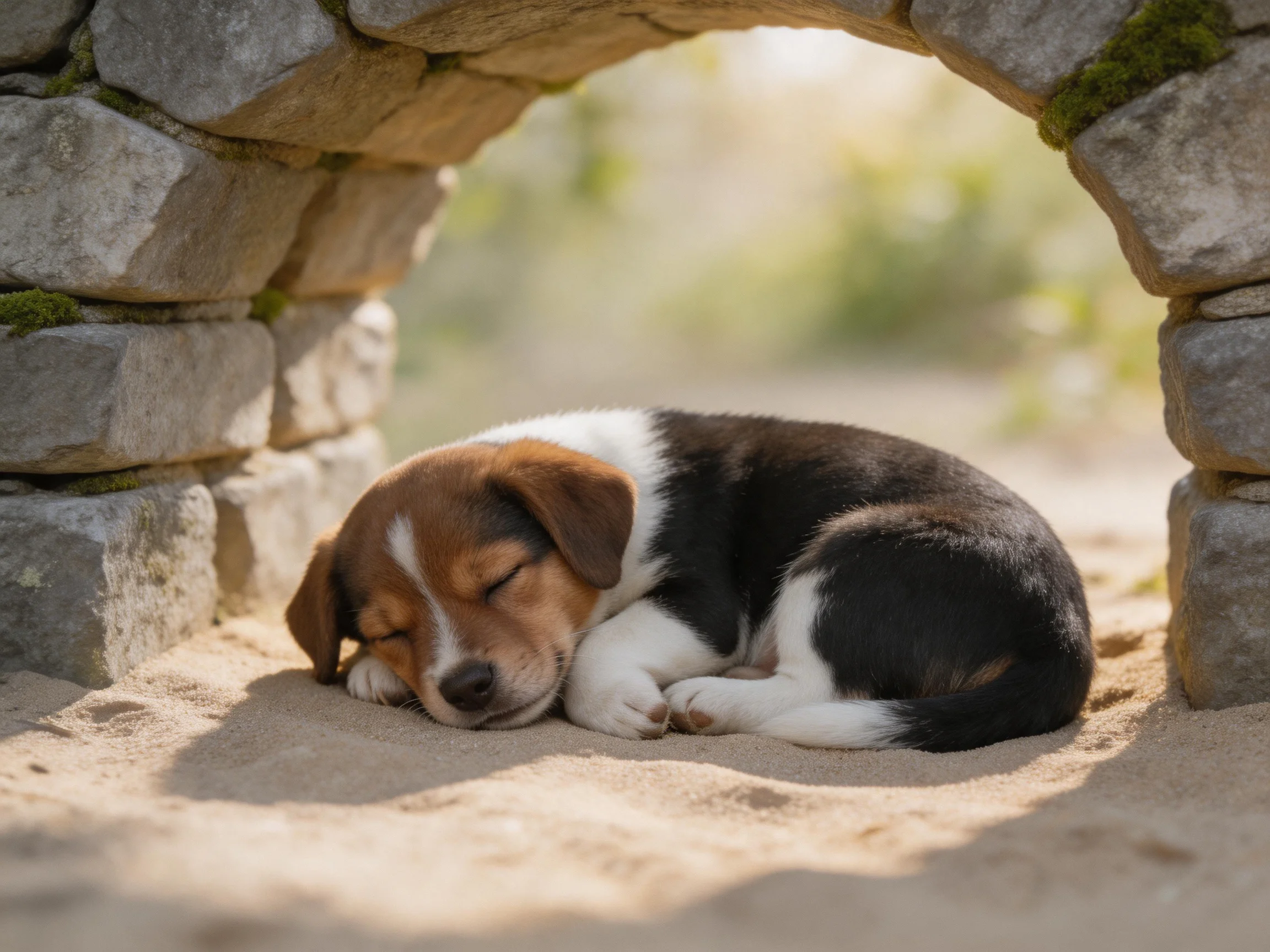 A tricolor puppy sleeps in a stone archway.